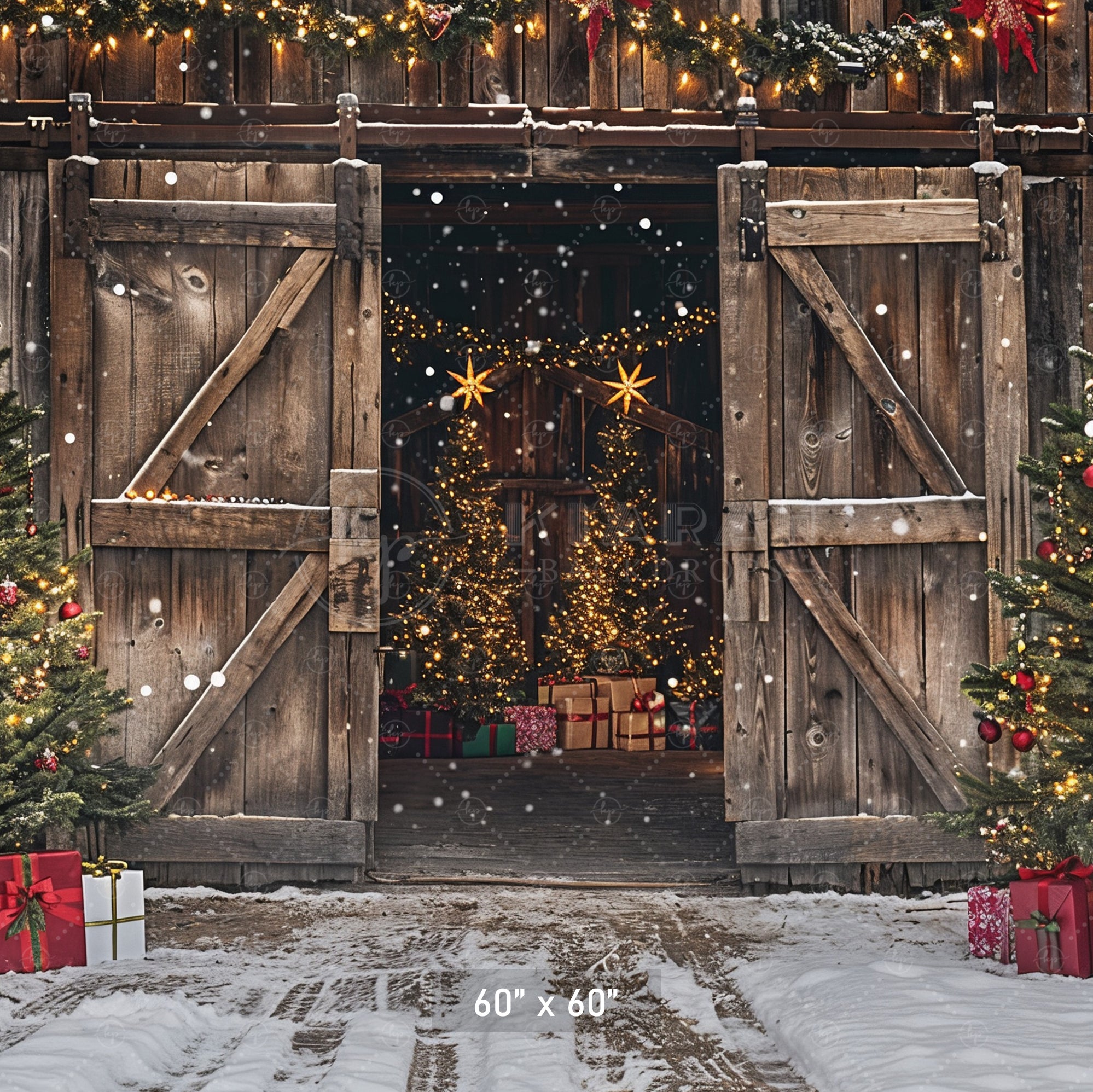 Rustic Holiday Barn Door with Christmas Trees Backdrop