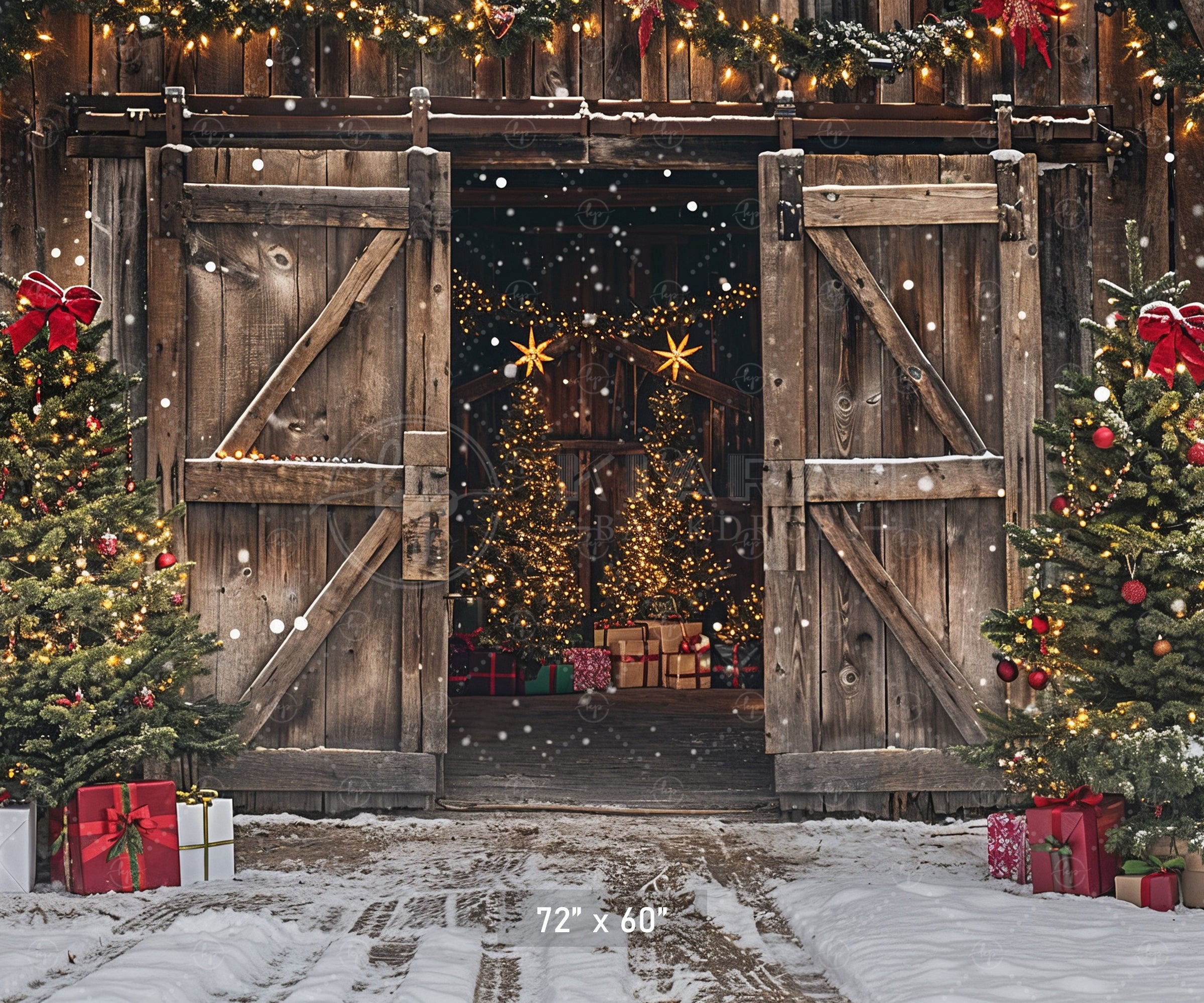 Rustic Holiday Barn Door with Christmas Trees Backdrop