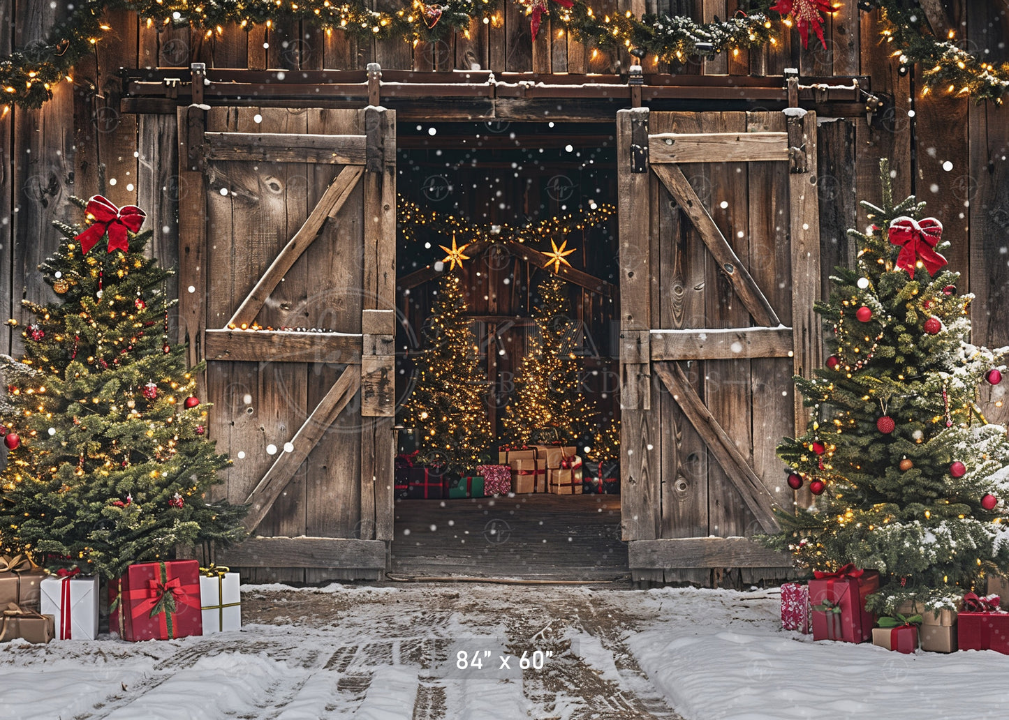 Rustic Holiday Barn Door with Christmas Trees Backdrop