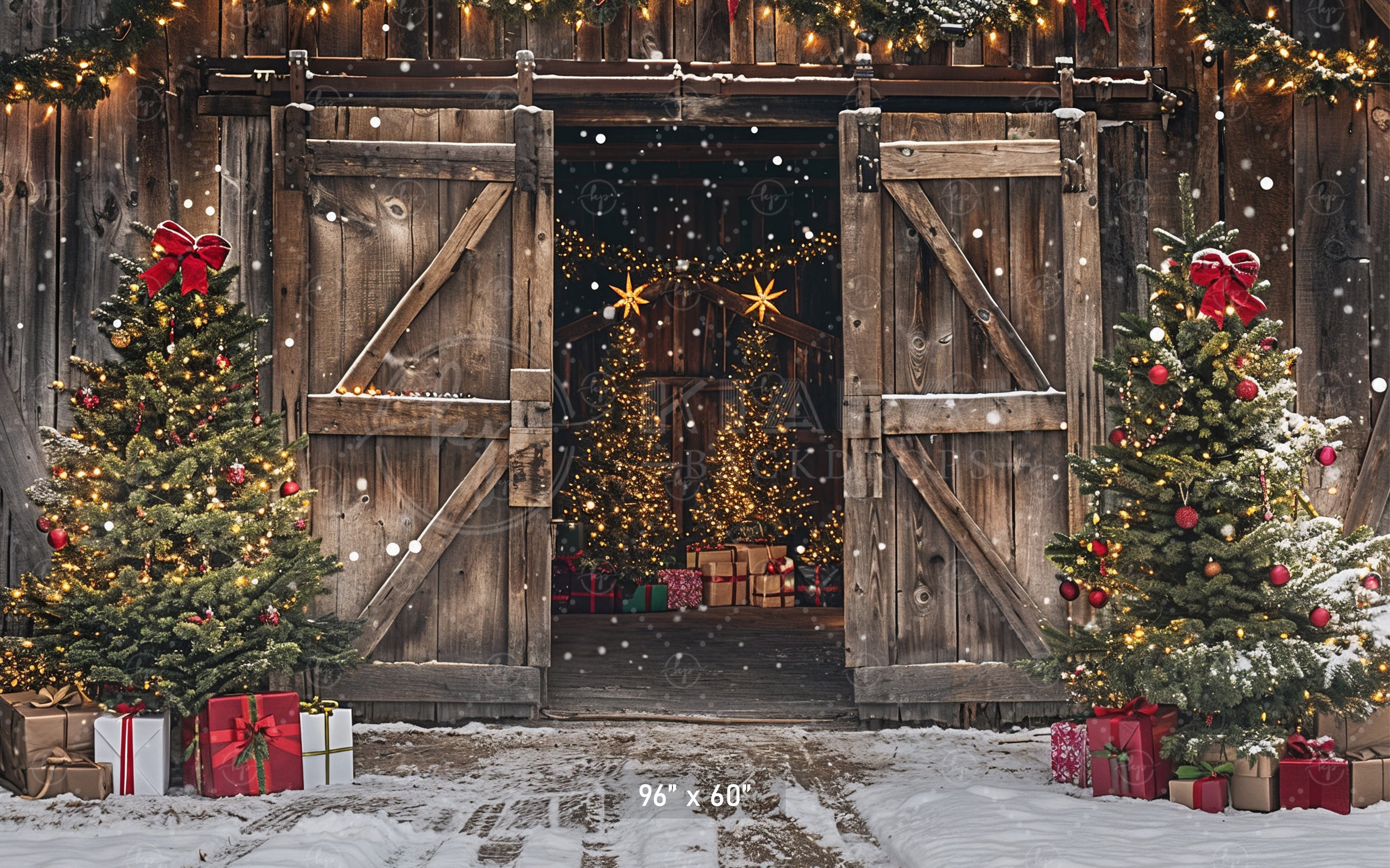 Rustic Holiday Barn Door with Christmas Trees Backdrop