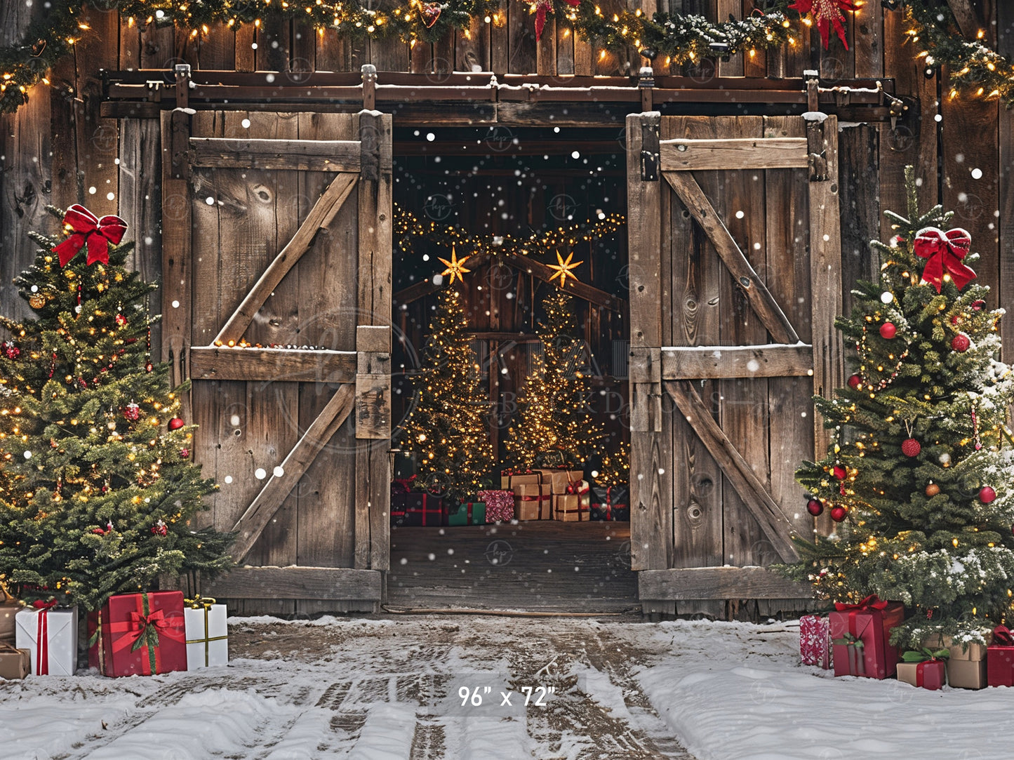 Rustic Holiday Barn Door with Christmas Trees Backdrop