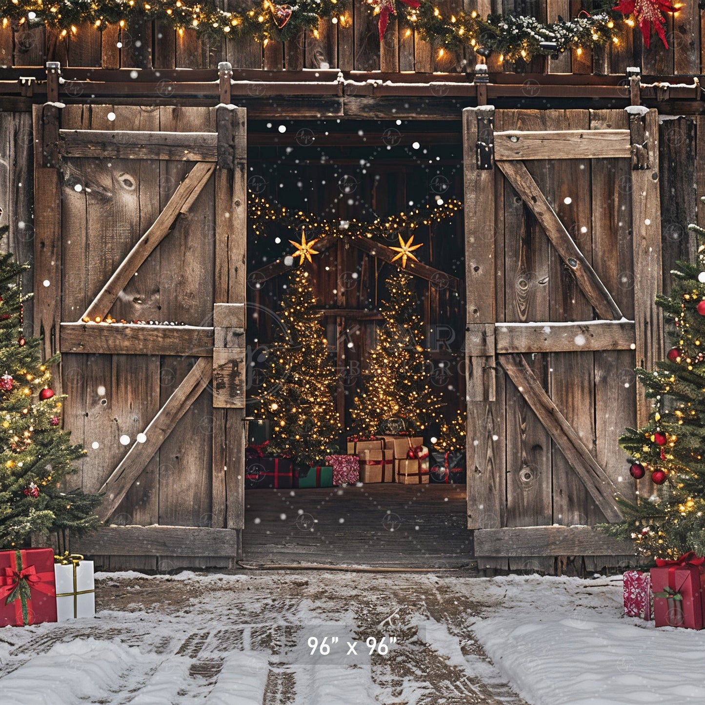 Rustic Holiday Barn Door with Christmas Trees Backdrop