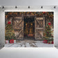 Rustic Holiday Barn Door with Christmas Trees Backdrop