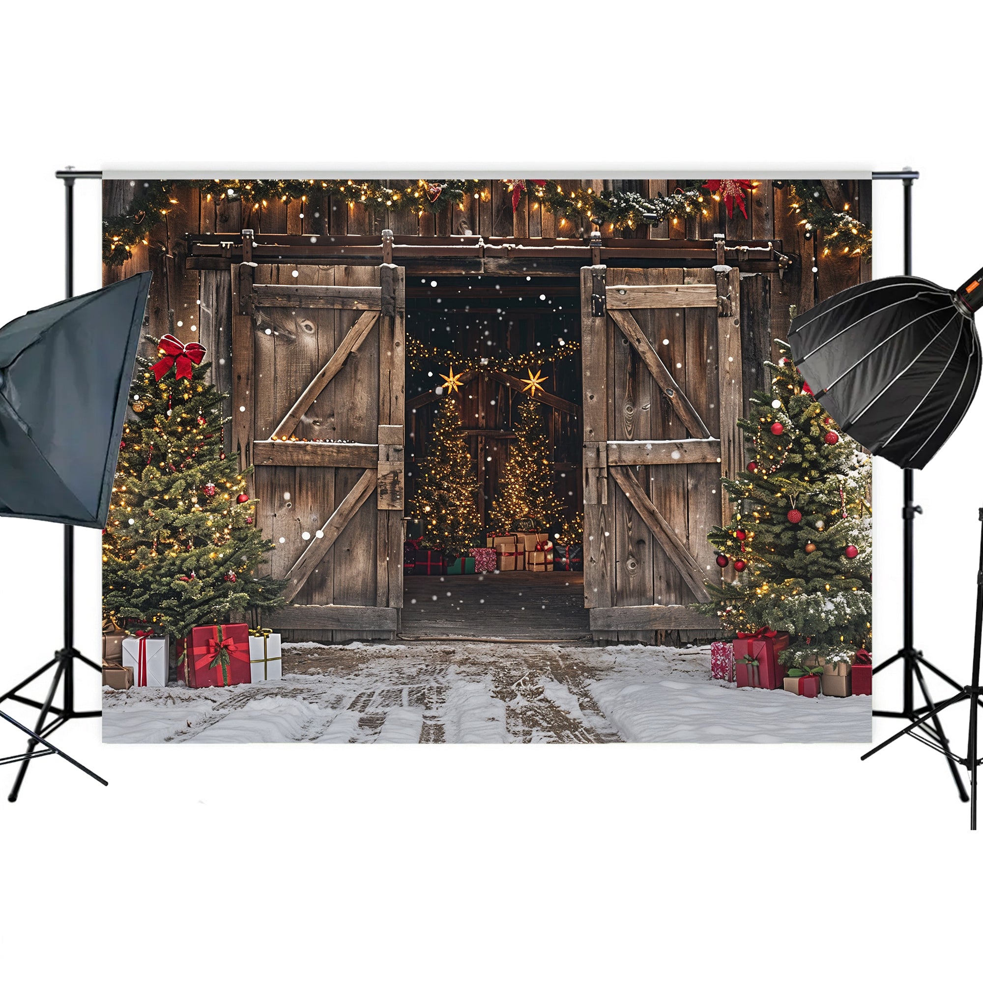 Rustic Holiday Barn Door with Christmas Trees Backdrop