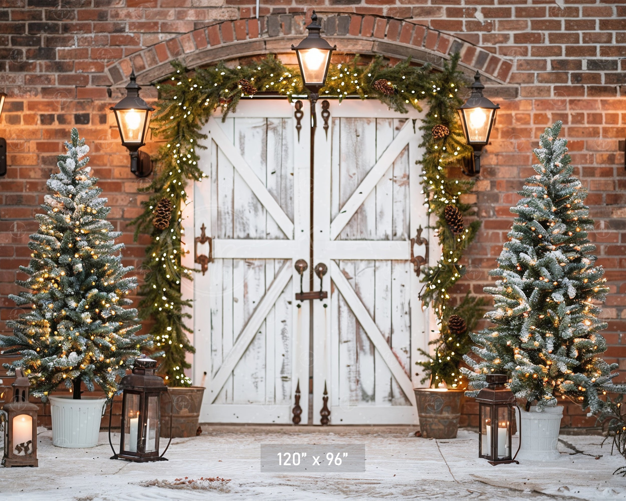Elegant Rustic Christmas Door with Snow-Kissed Trees Backdrop