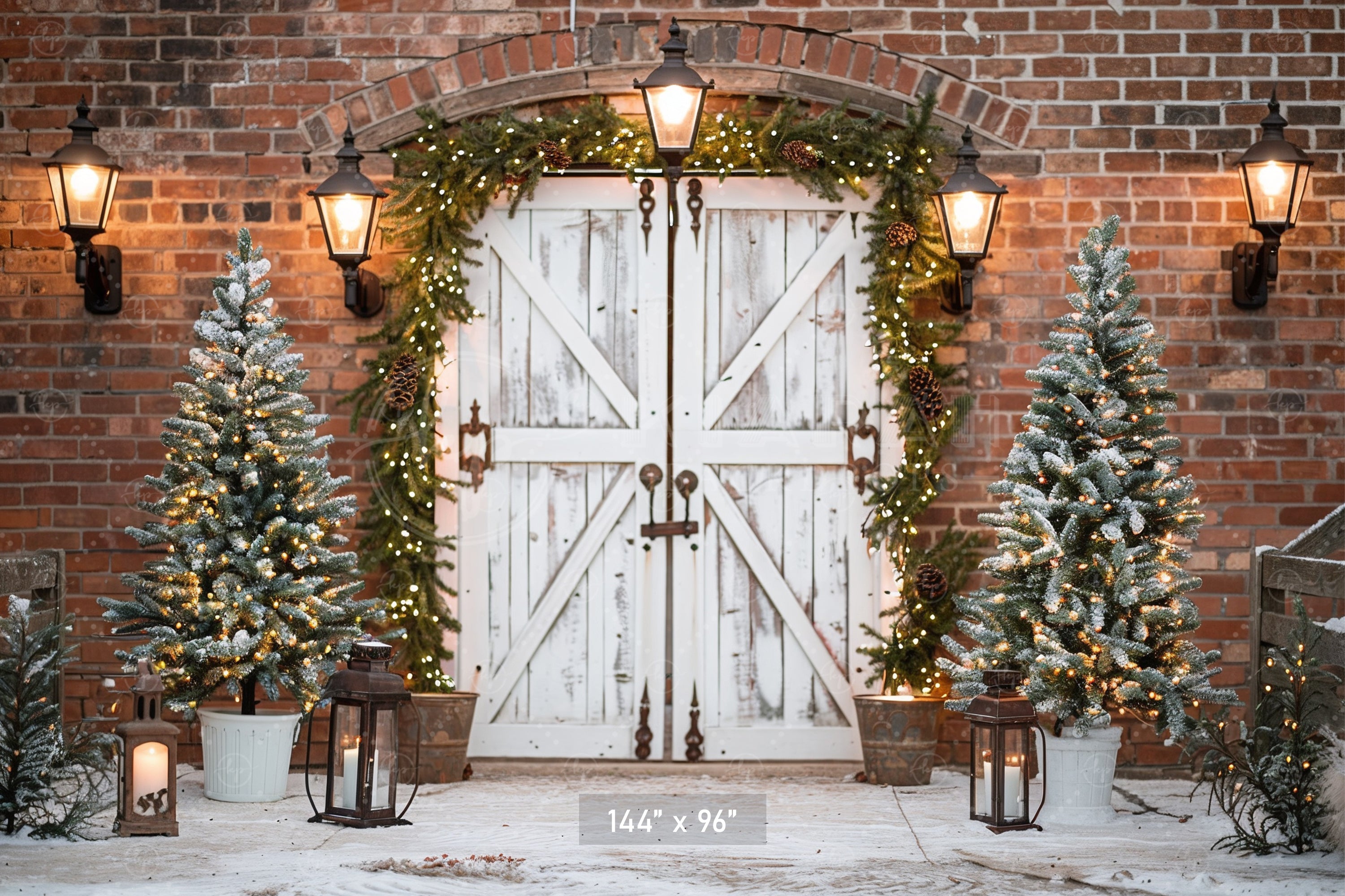 Elegant Rustic Christmas Door with Snow-Kissed Trees Backdrop