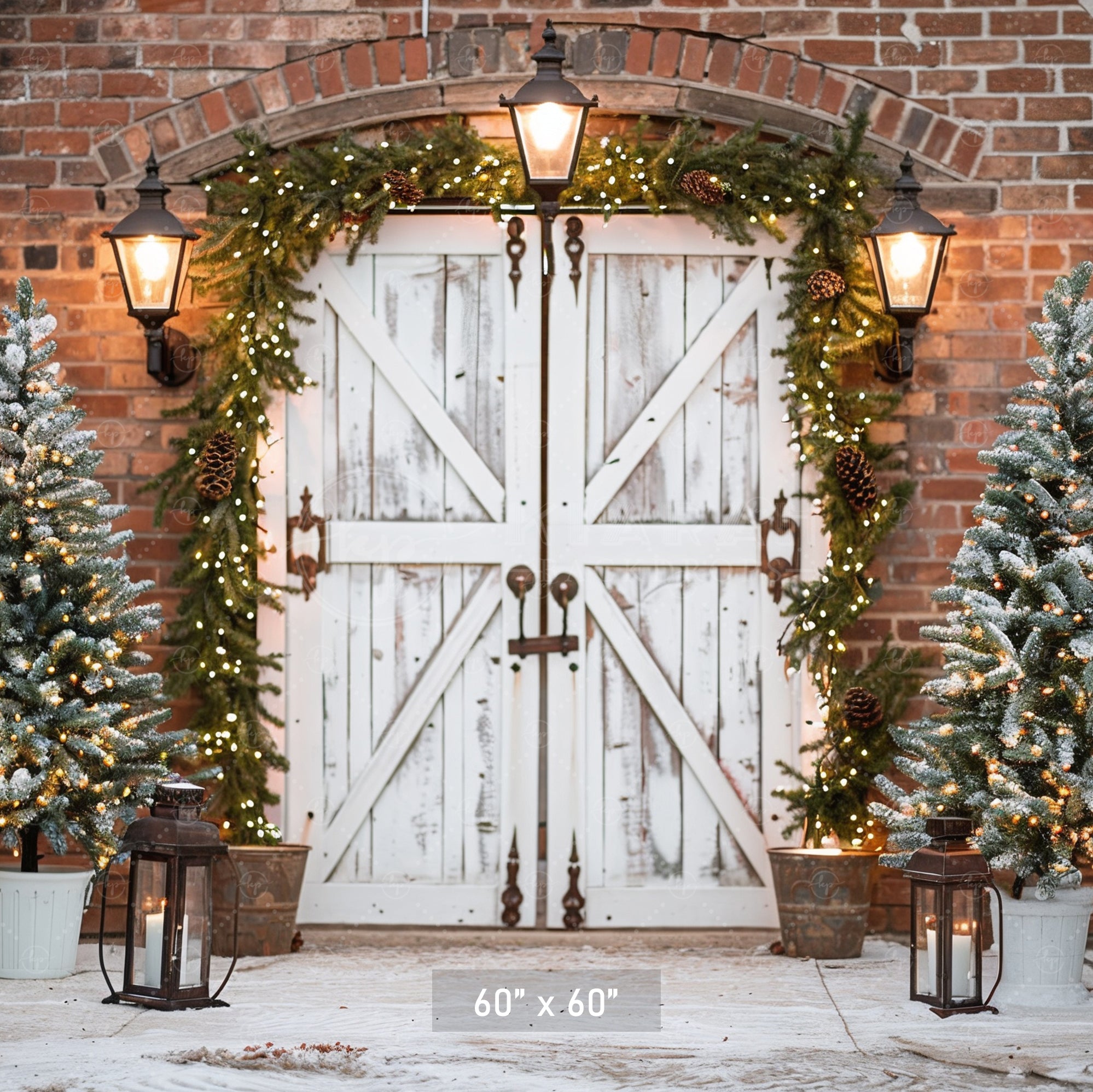 Elegant Rustic Christmas Door with Snow-Kissed Trees Backdrop