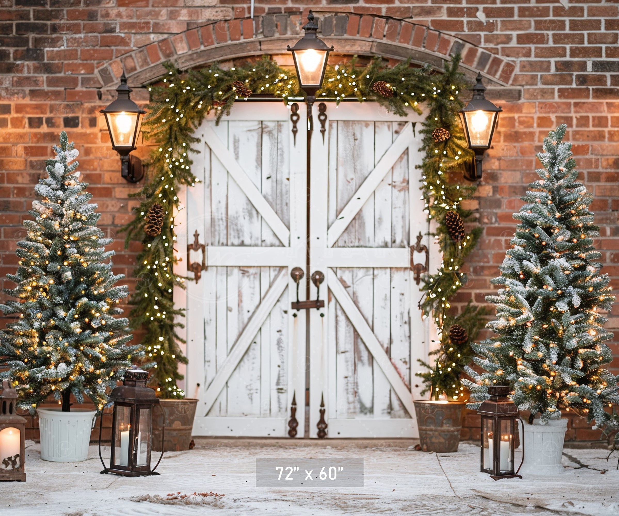 Elegant Rustic Christmas Door with Snow-Kissed Trees Backdrop