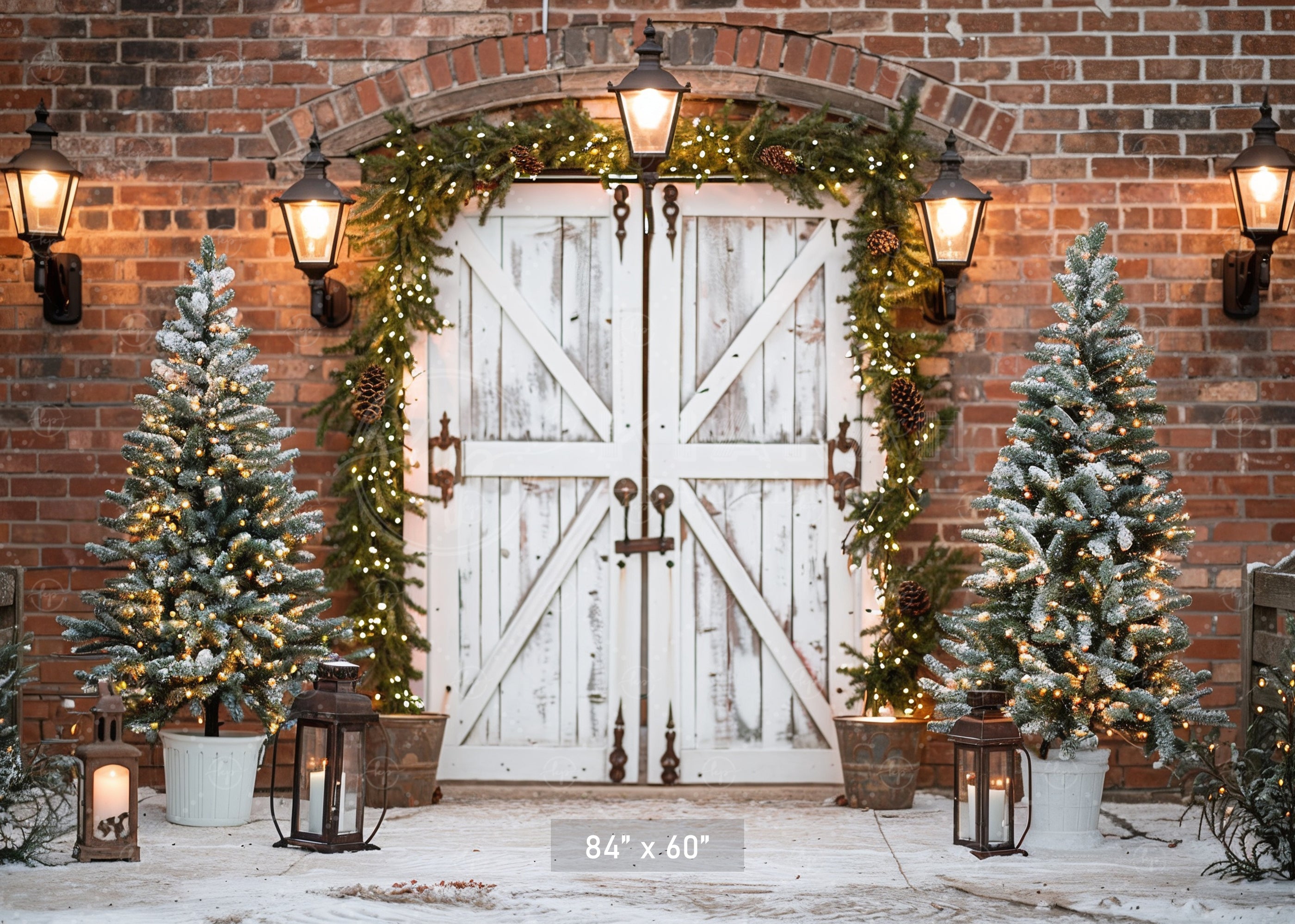 Elegant Rustic Christmas Door with Snow-Kissed Trees Backdrop