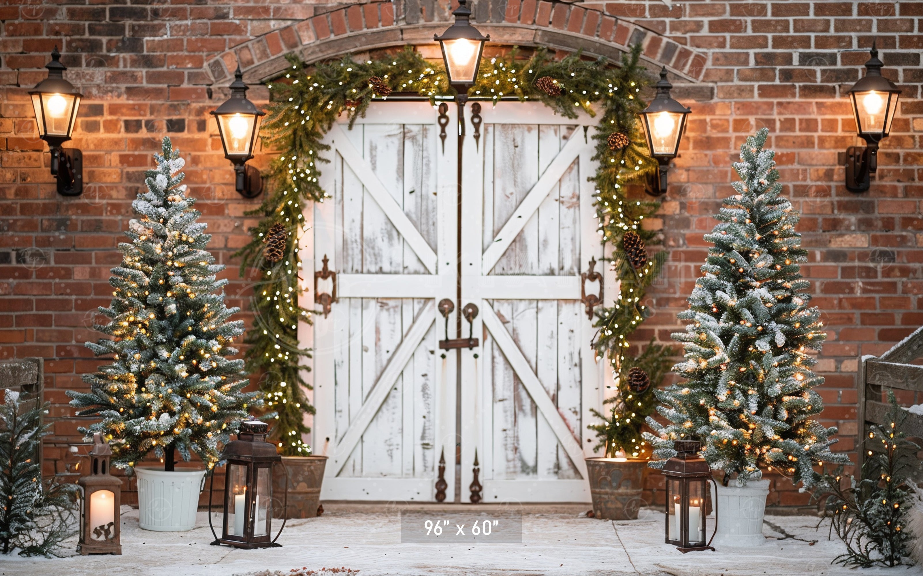 Elegant Rustic Christmas Door with Snow-Kissed Trees Backdrop