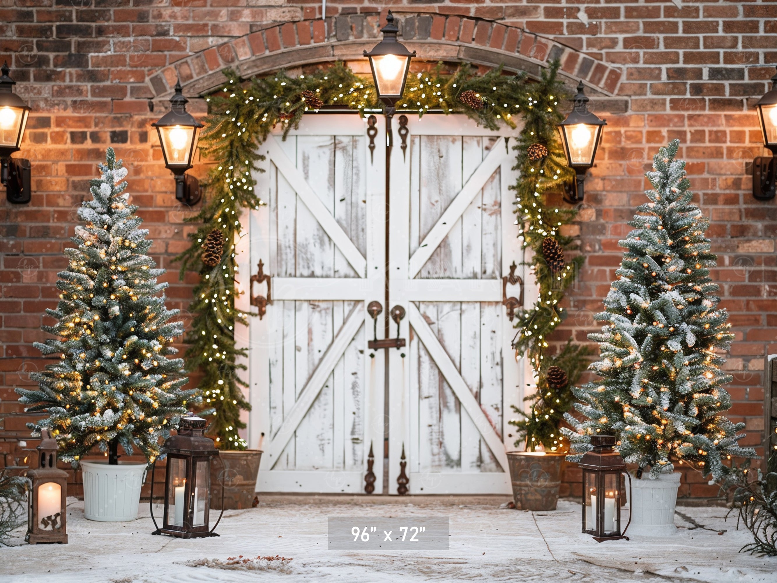 Elegant Rustic Christmas Door with Snow-Kissed Trees Backdrop
