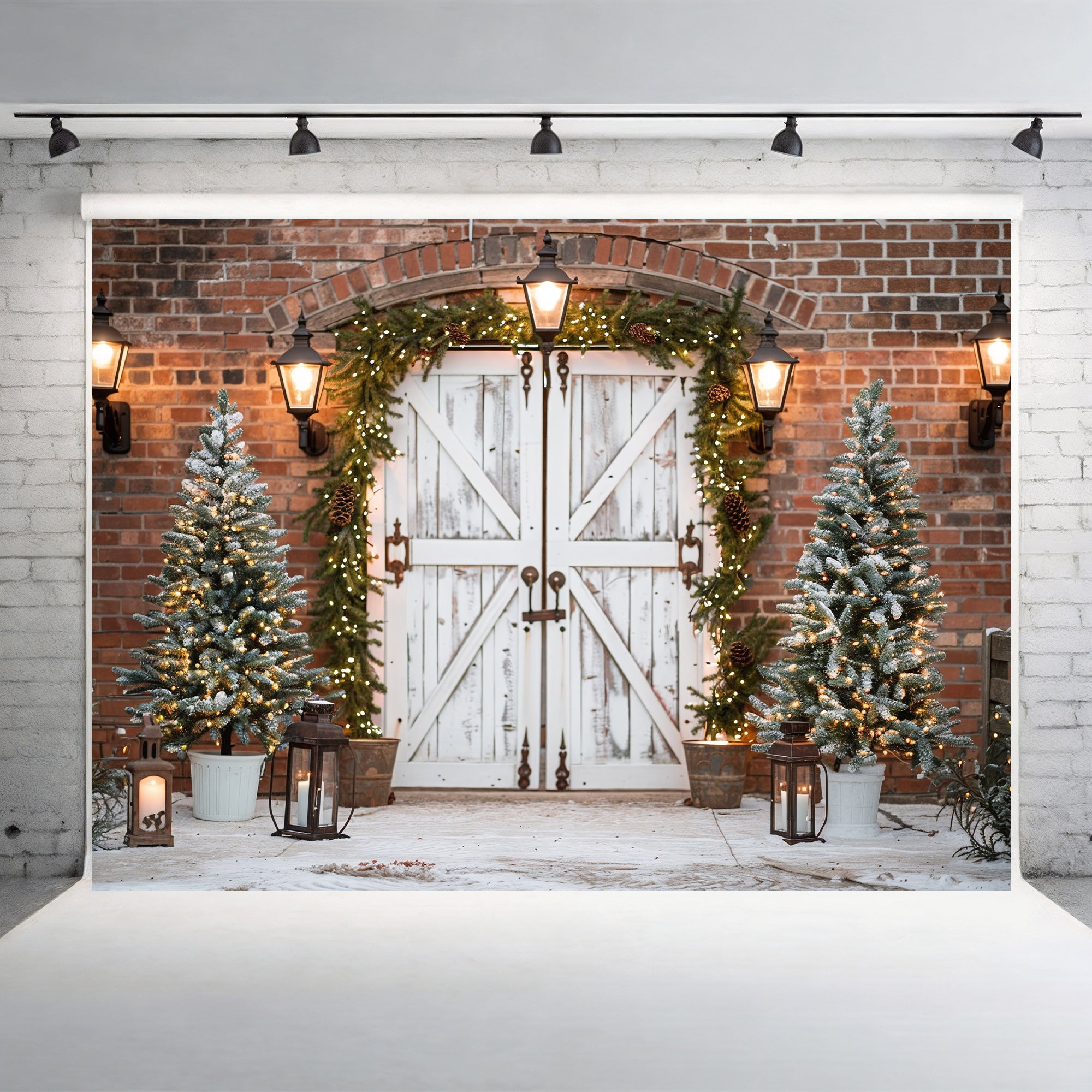 Elegant Rustic Christmas Door with Snow-Kissed Trees Backdrop