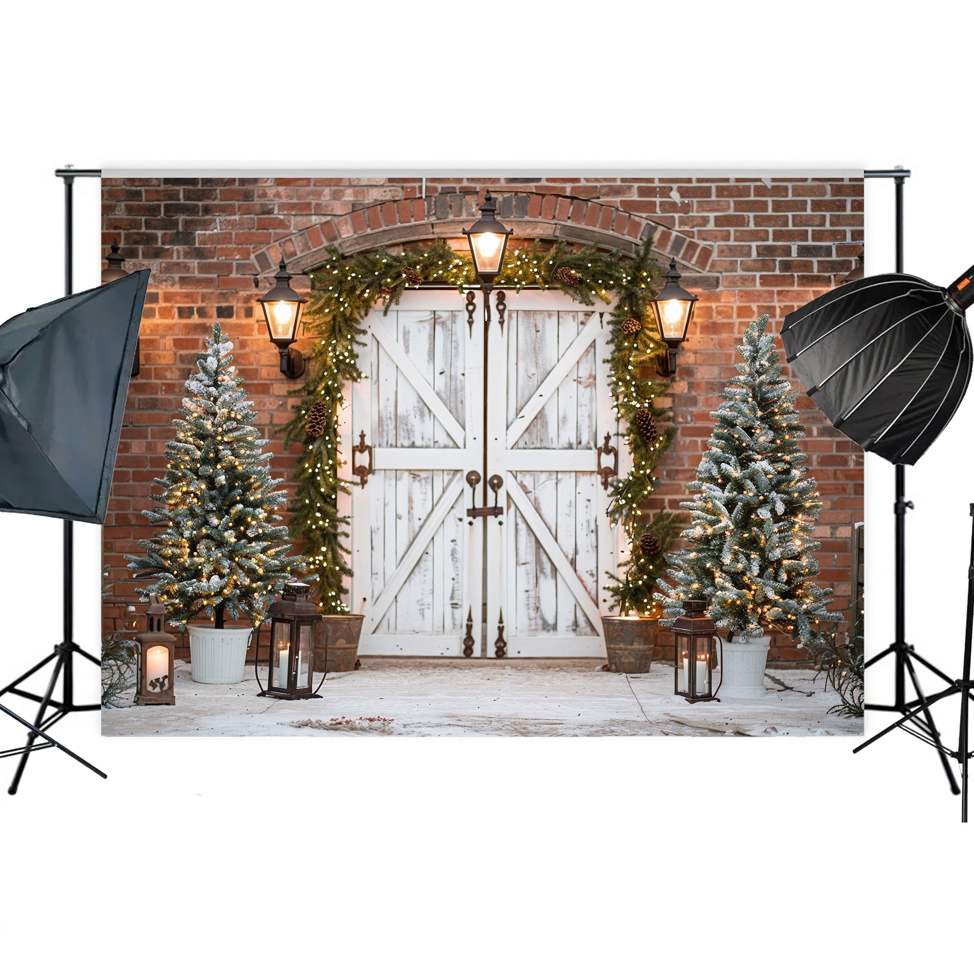 Elegant Rustic Christmas Door with Snow-Kissed Trees Backdrop