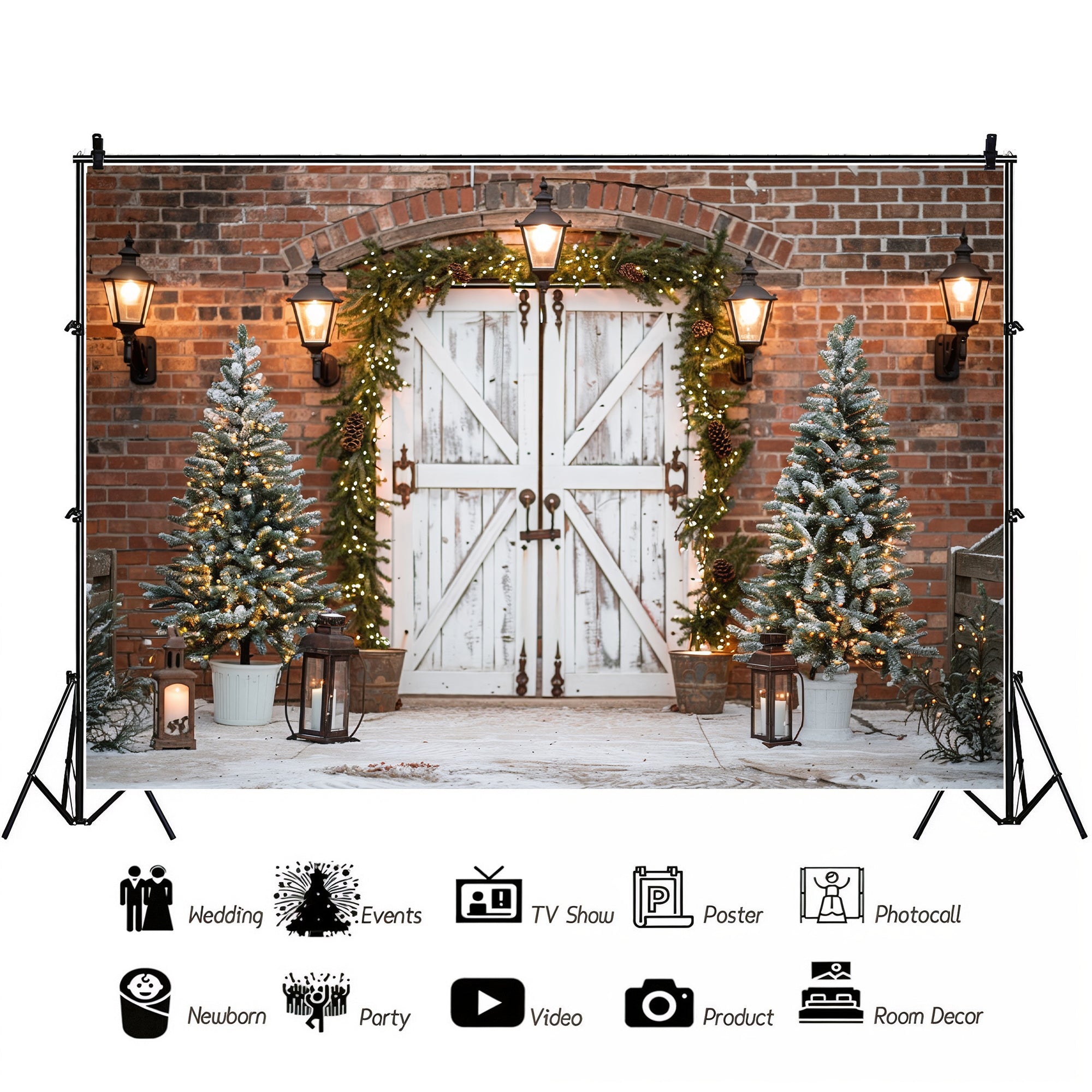 Elegant Rustic Christmas Door with Snow-Kissed Trees Backdrop