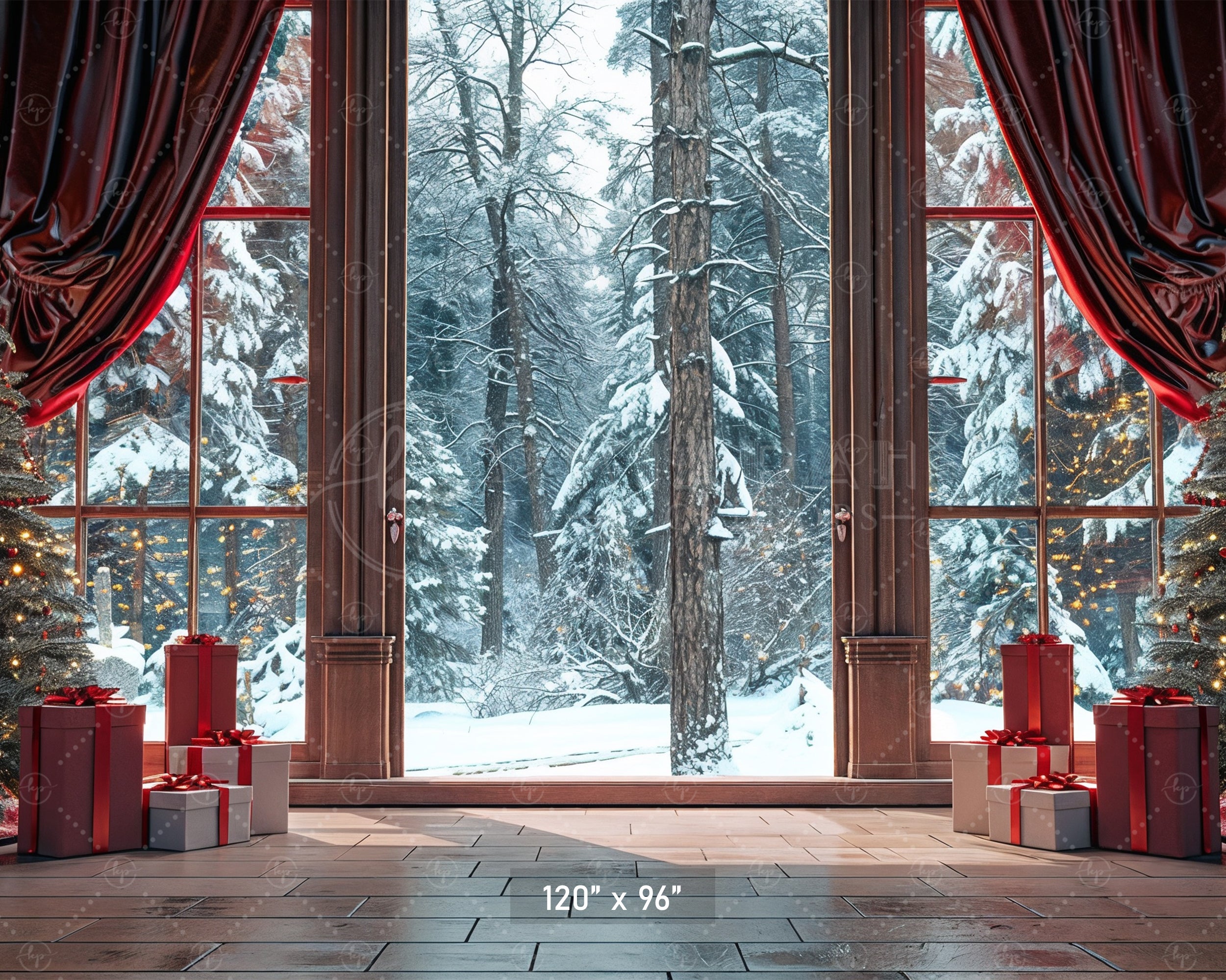 Cozy Christmas Window View with Snowy Forest Backdrop