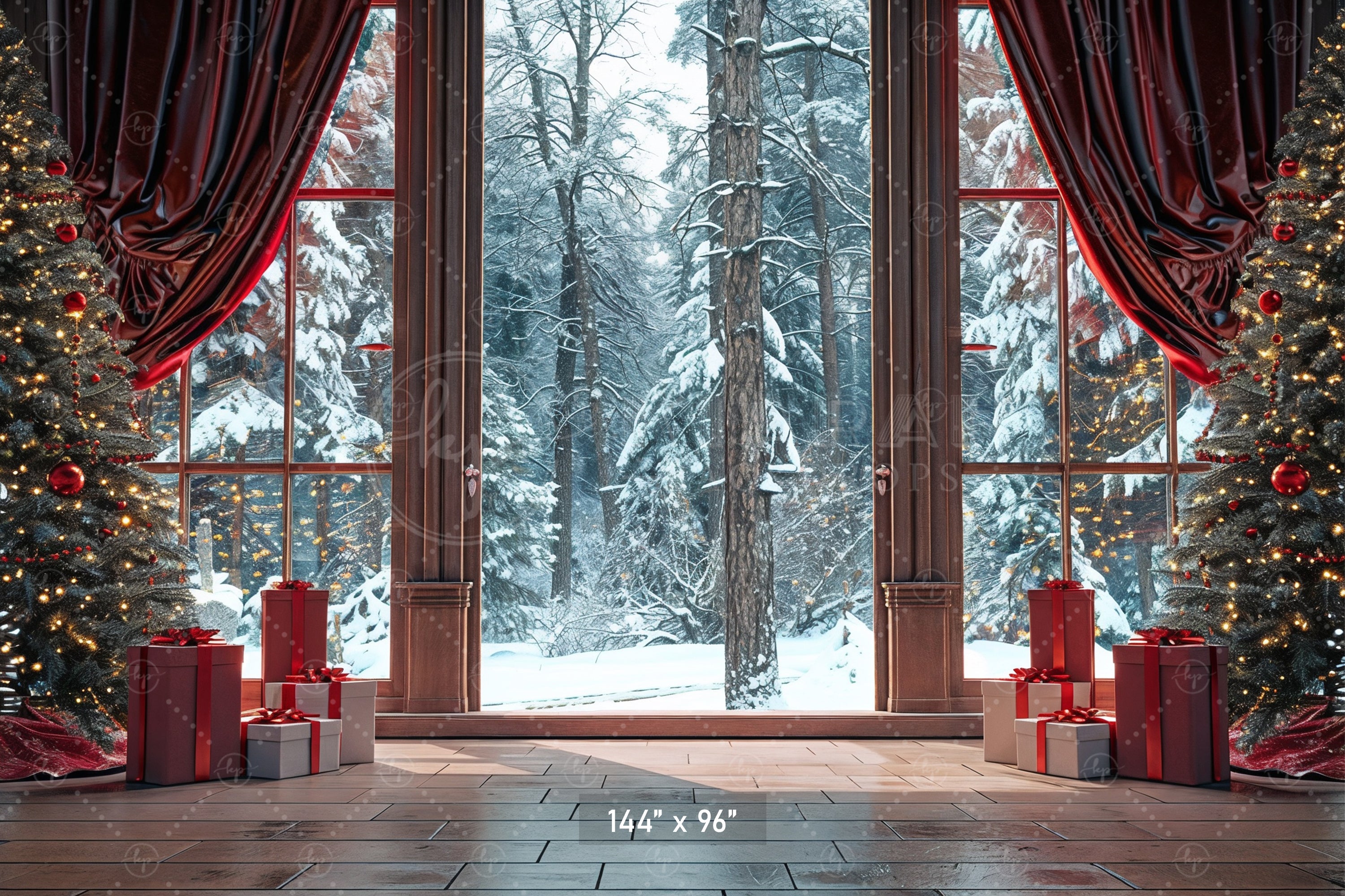 Cozy Christmas Window View with Snowy Forest Backdrop