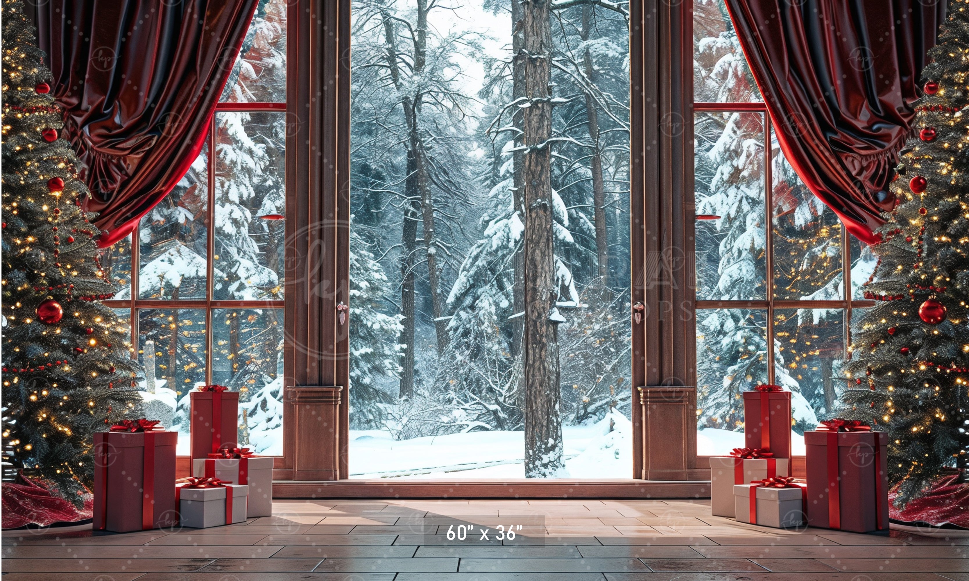 Cozy Christmas Window View with Snowy Forest Backdrop