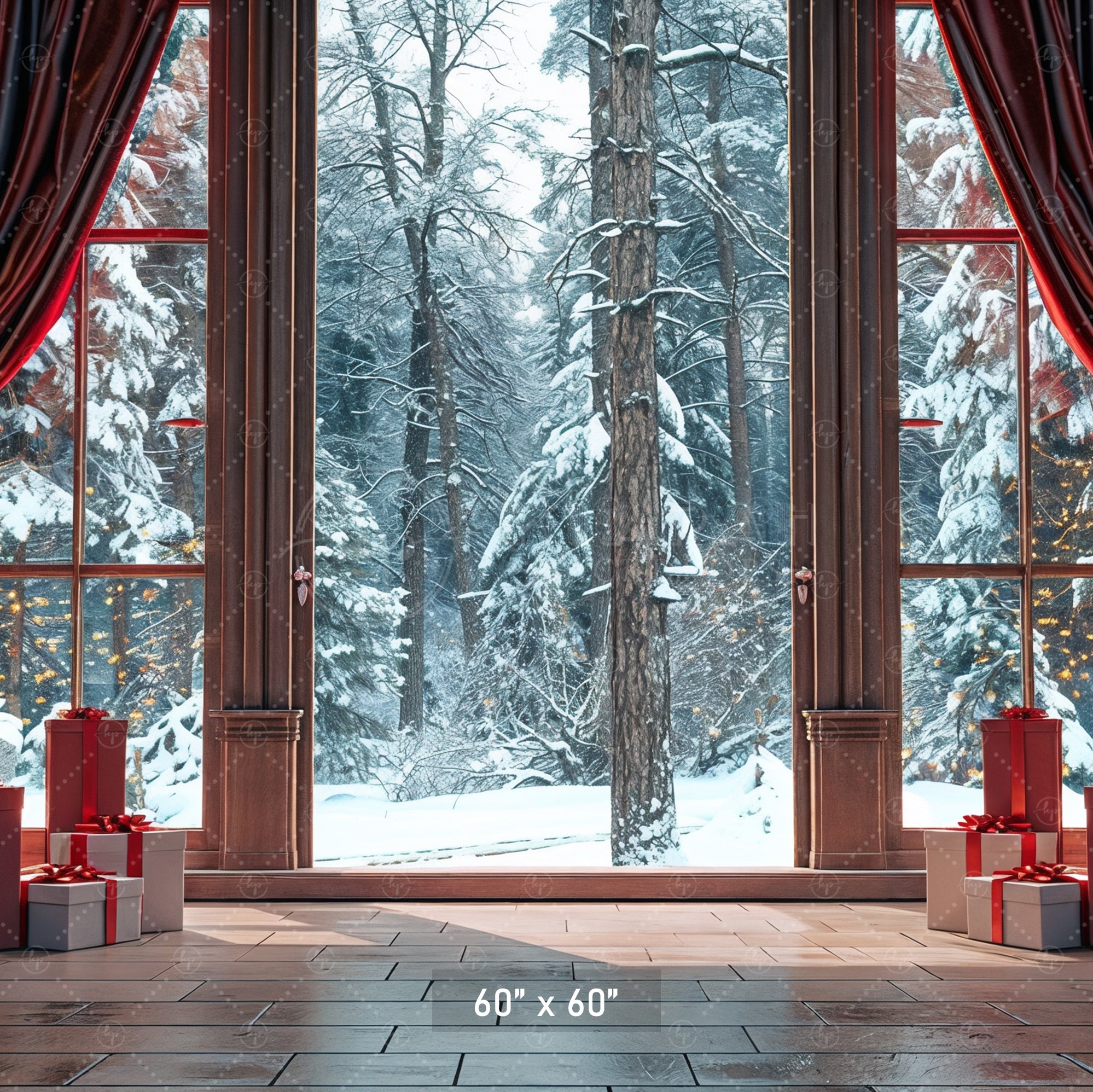 Cozy Christmas Window View with Snowy Forest Backdrop