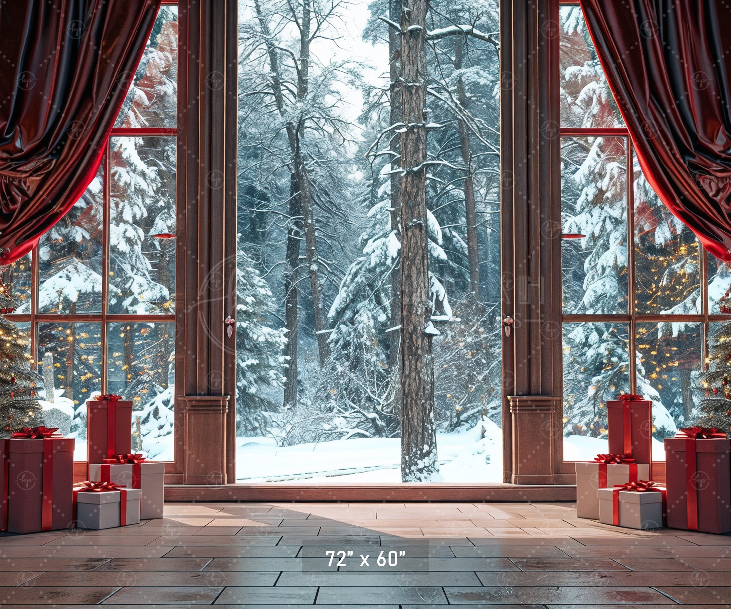 Cozy Christmas Window View with Snowy Forest Backdrop