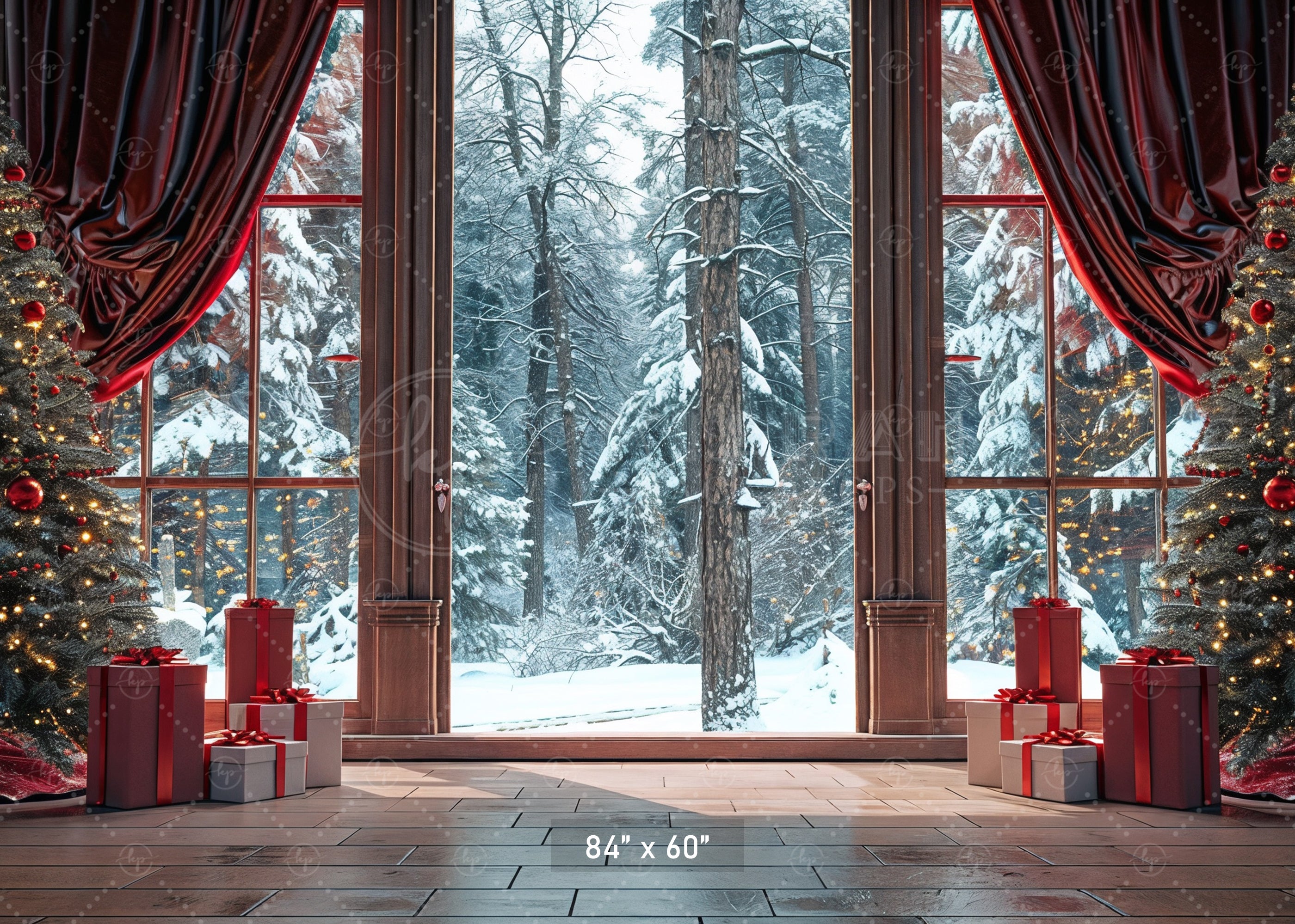 Cozy Christmas Window View with Snowy Forest Backdrop