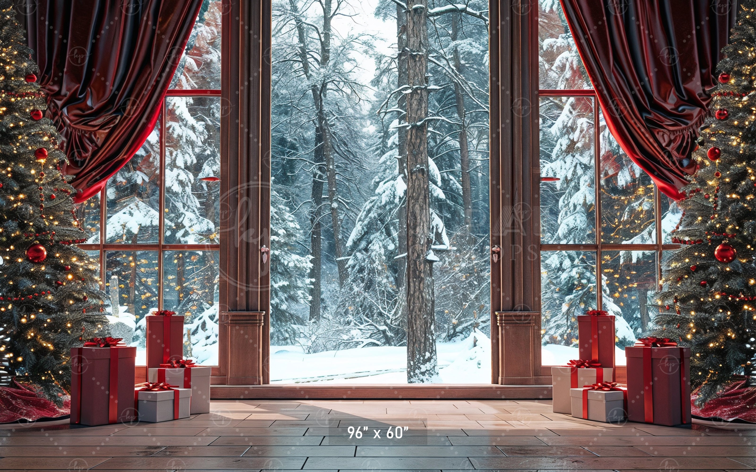 Cozy Christmas Window View with Snowy Forest Backdrop
