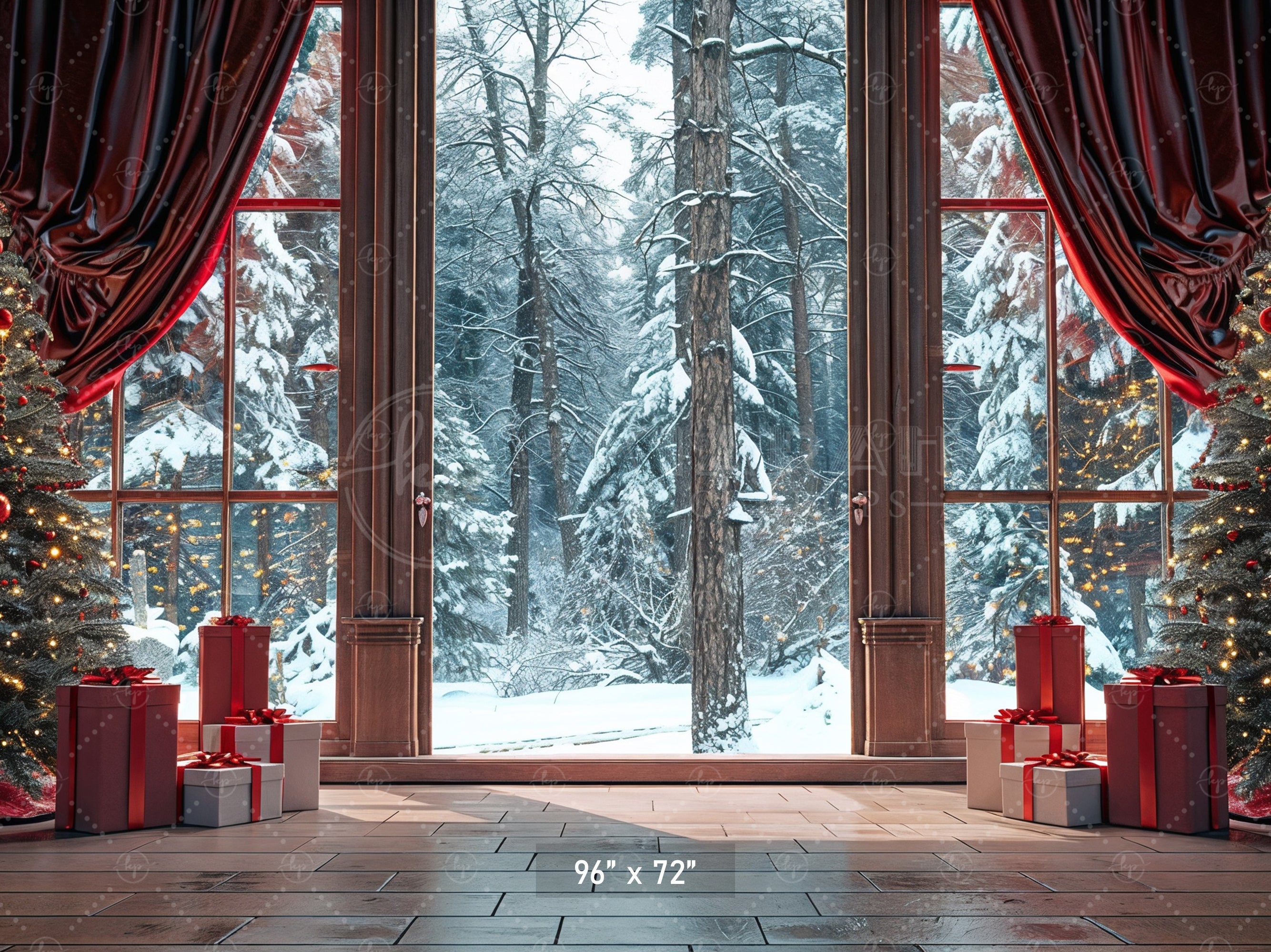 Cozy Christmas Window View with Snowy Forest Backdrop