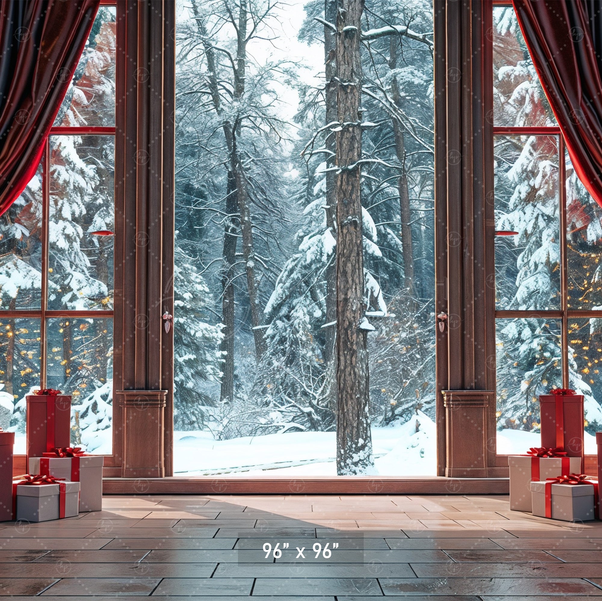 Cozy Christmas Window View with Snowy Forest Backdrop