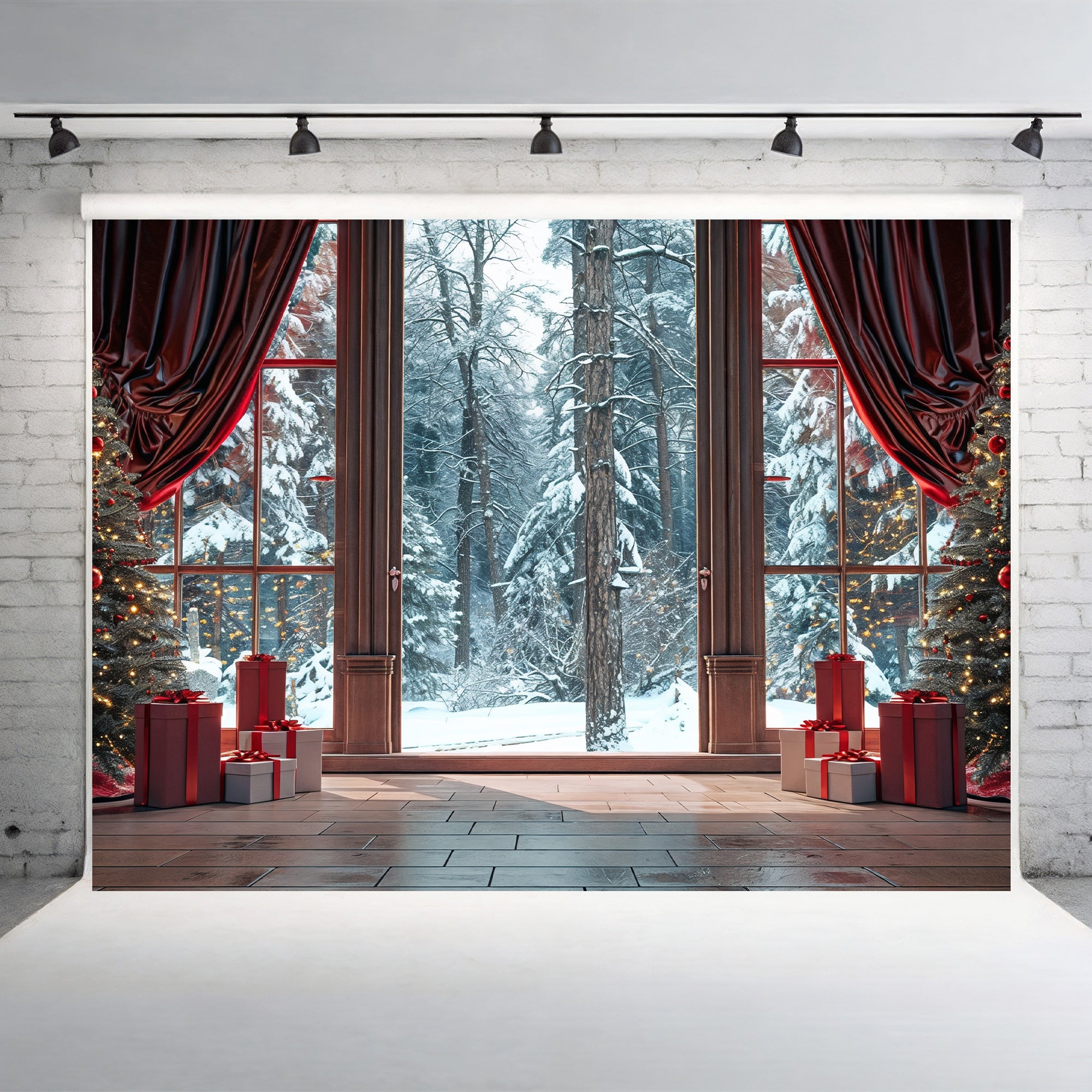 Cozy Christmas Window View with Snowy Forest Backdrop