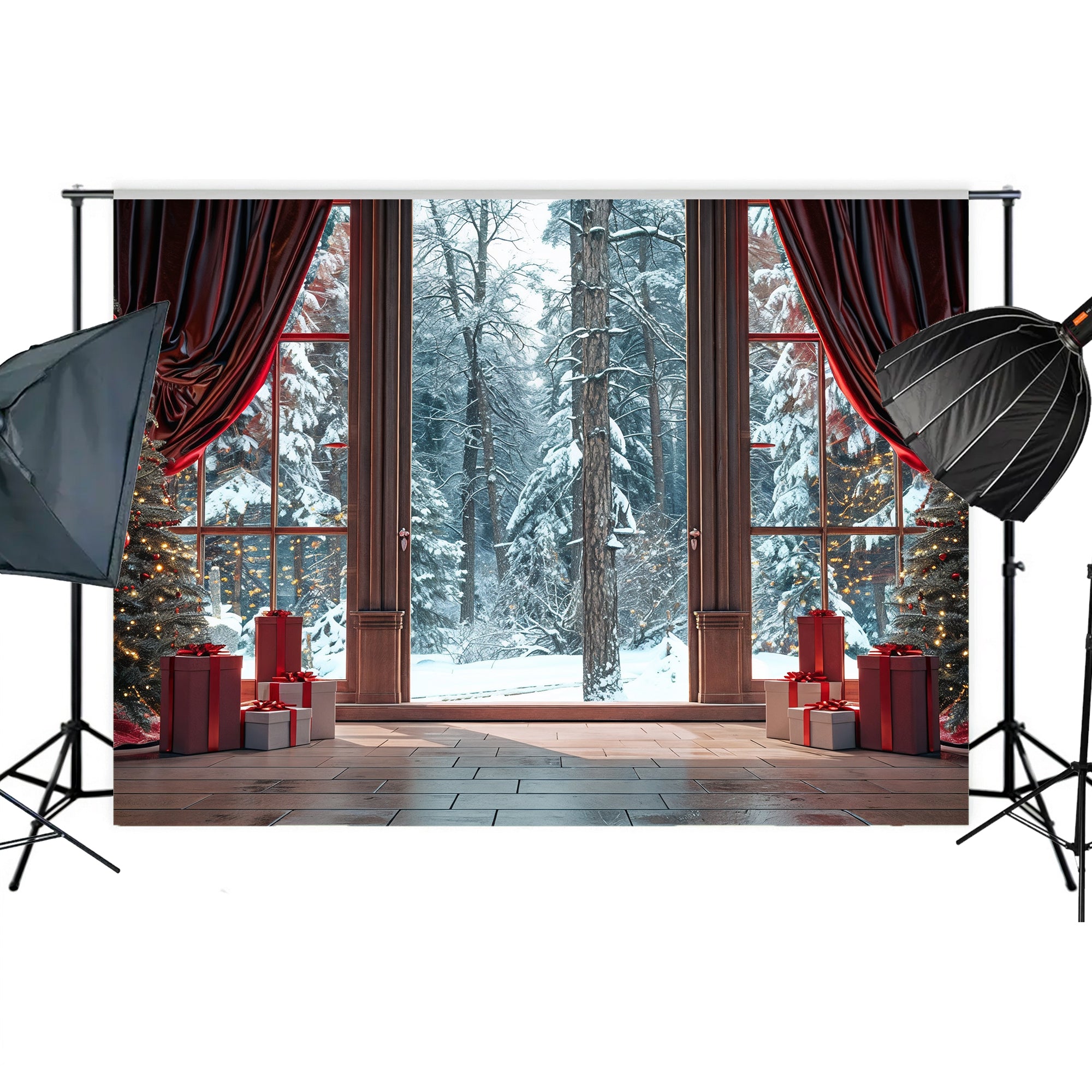 Cozy Christmas Window View with Snowy Forest Backdrop