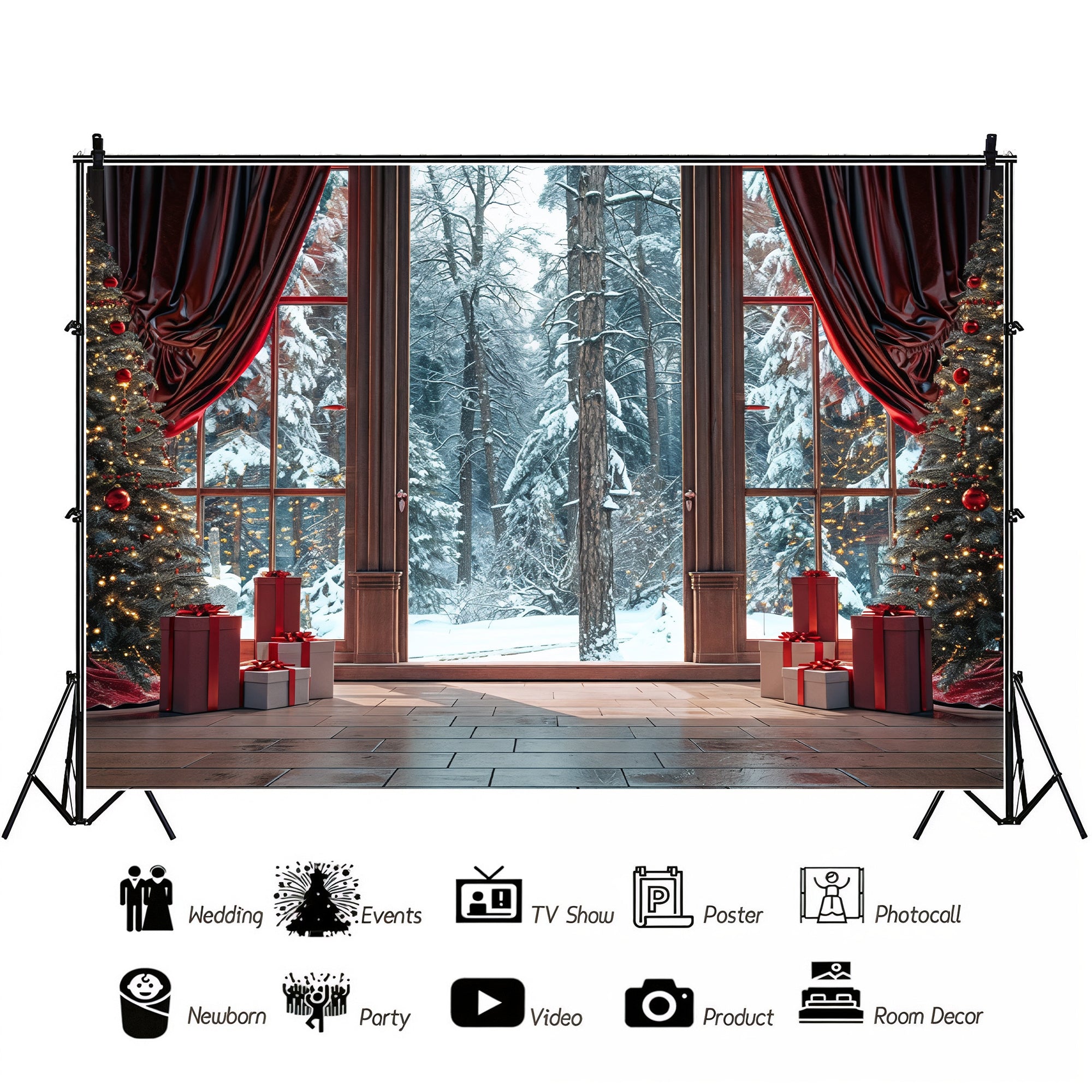 Cozy Christmas Window View with Snowy Forest Backdrop