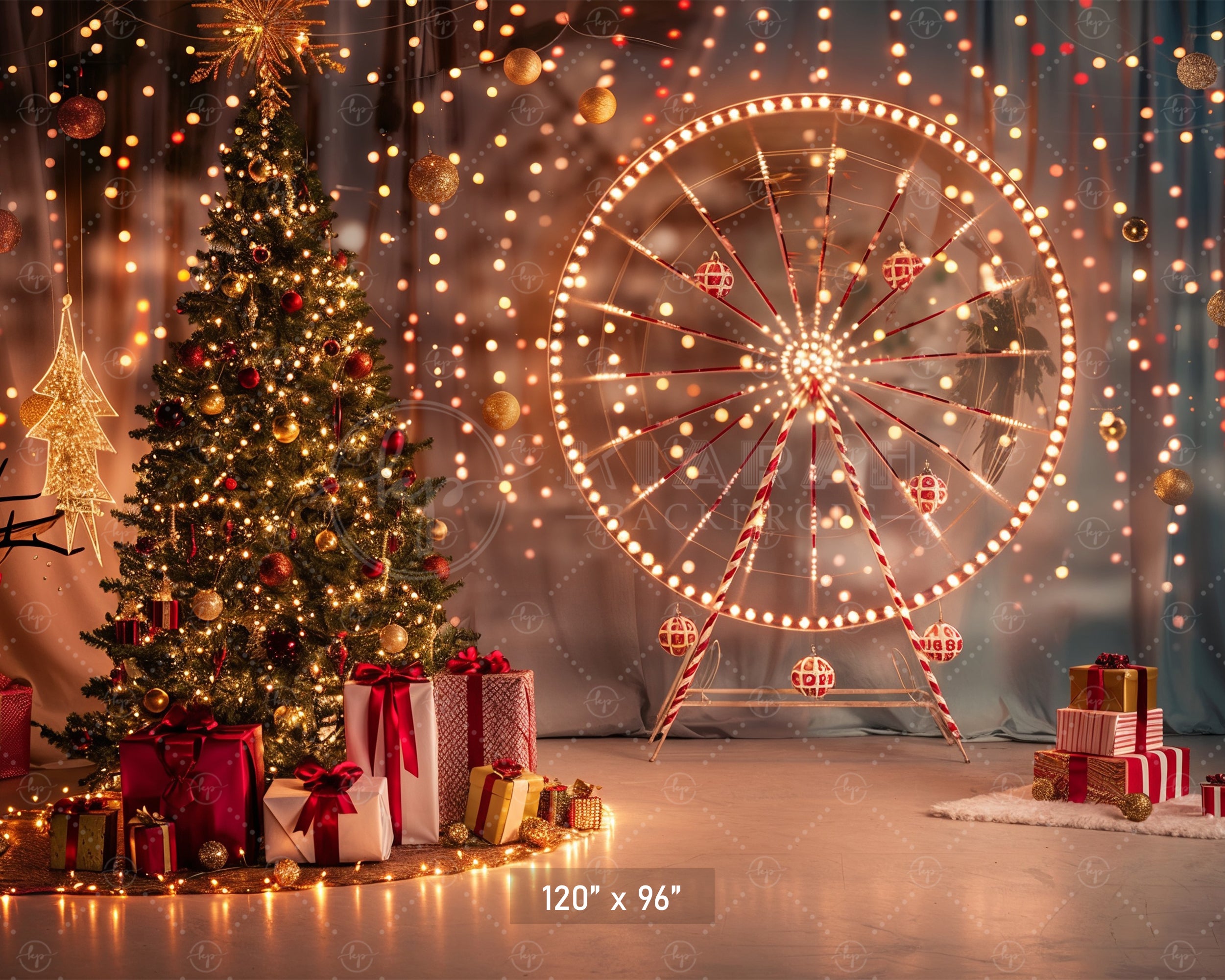 Festive Ferris Wheel & Christmas Tree Lights Backdrop