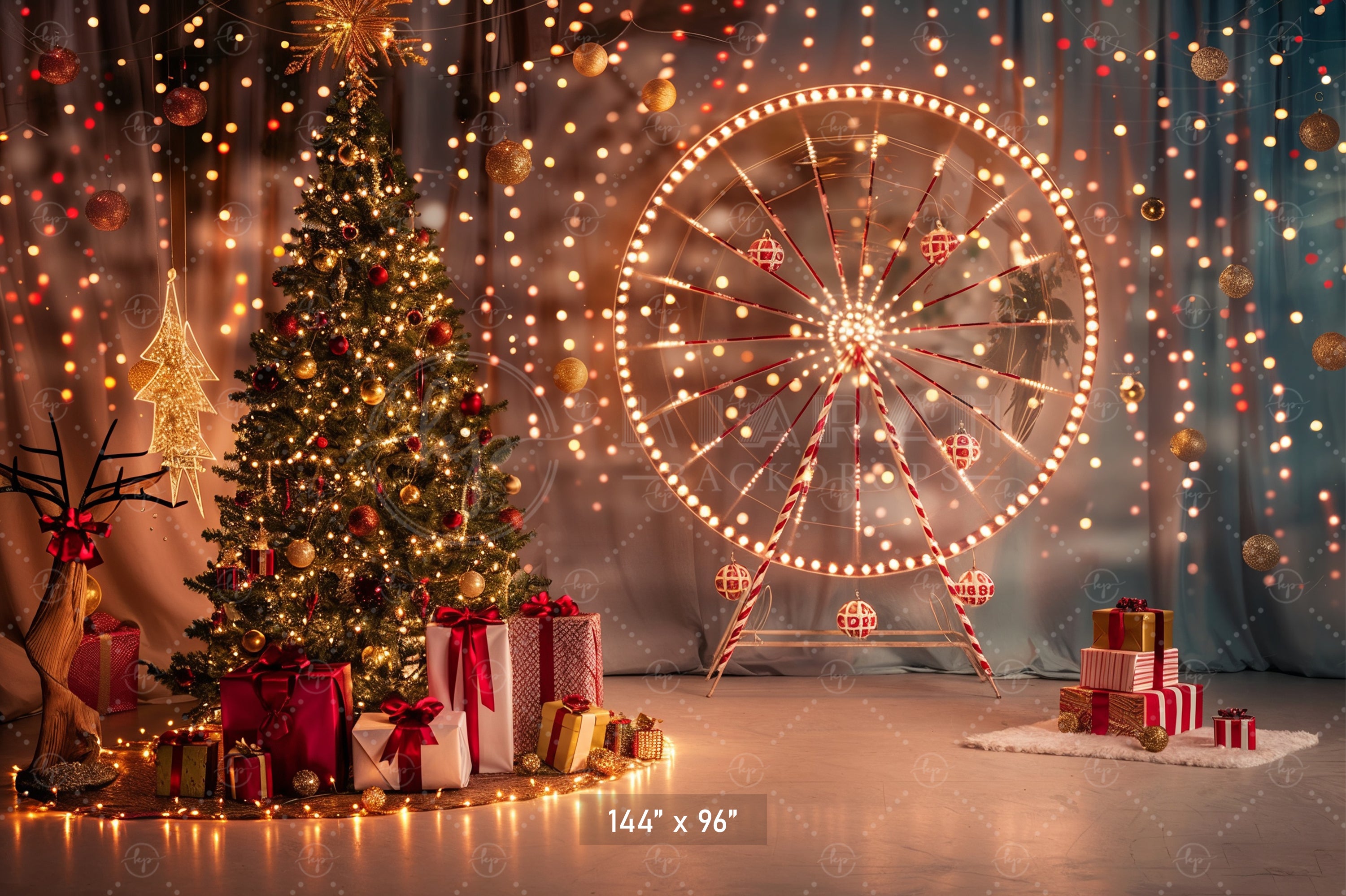 Festive Ferris Wheel & Christmas Tree Lights Backdrop