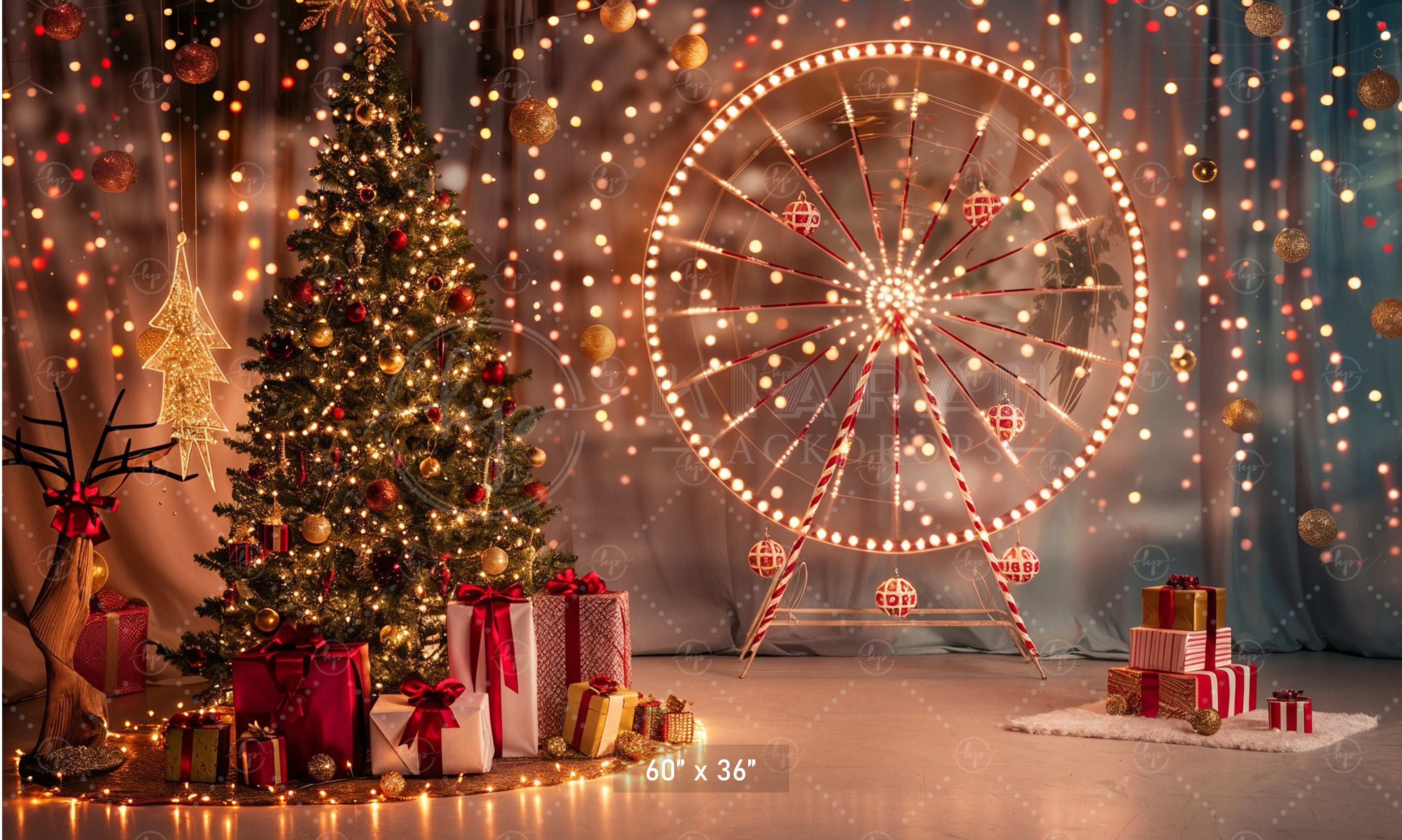 Festive Ferris Wheel & Christmas Tree Lights Backdrop