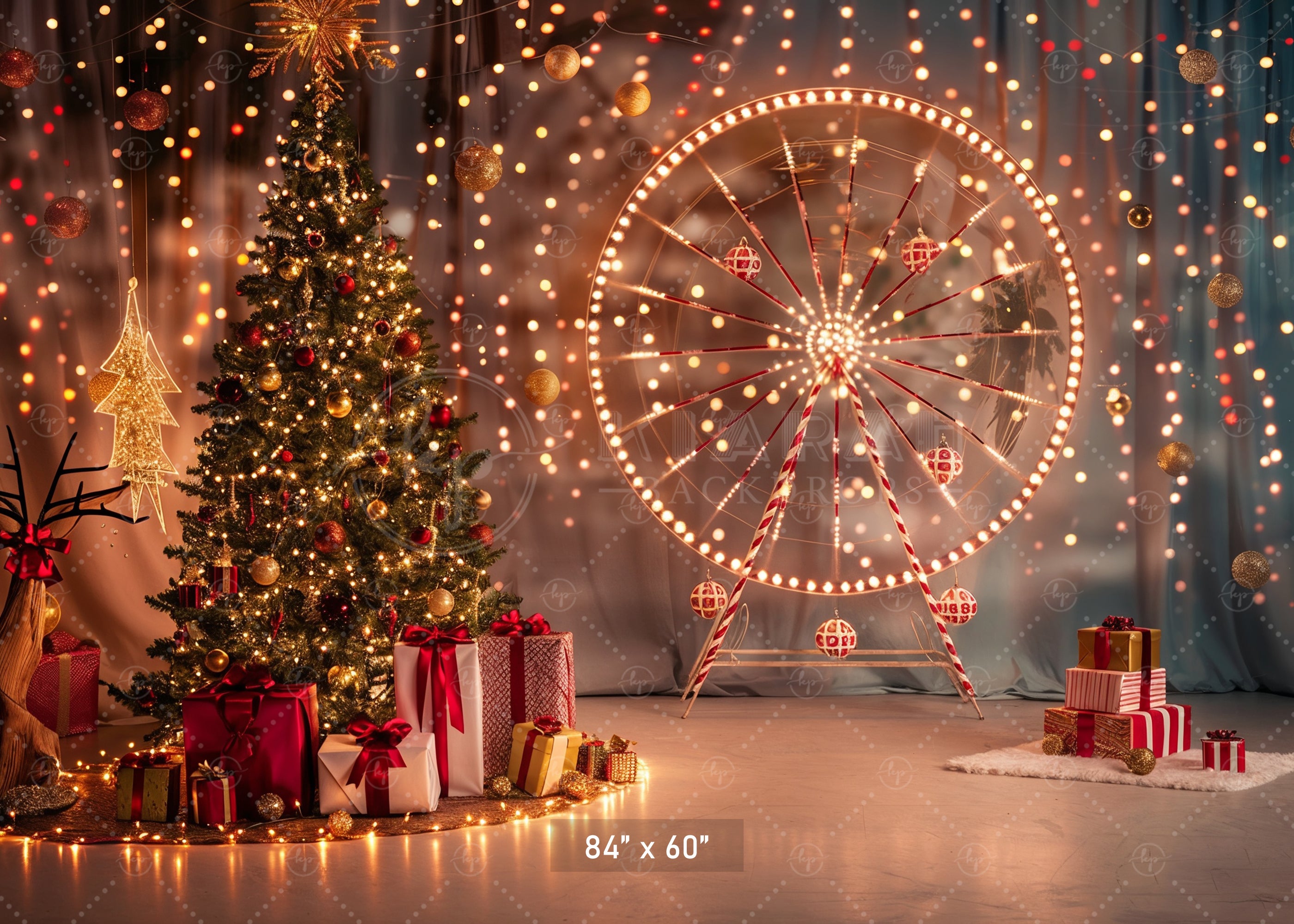 Festive Ferris Wheel & Christmas Tree Lights Backdrop