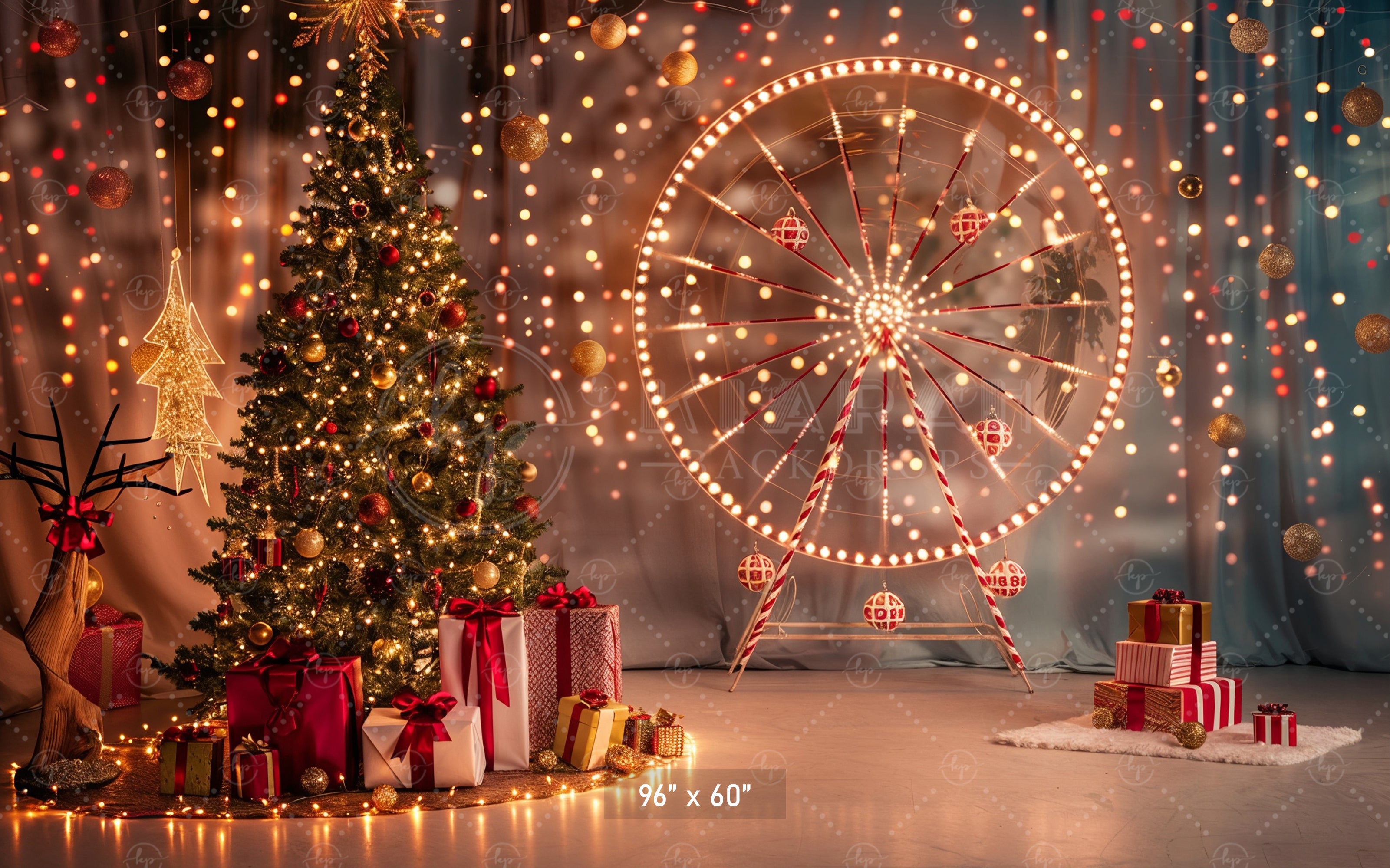 Festive Ferris Wheel & Christmas Tree Lights Backdrop