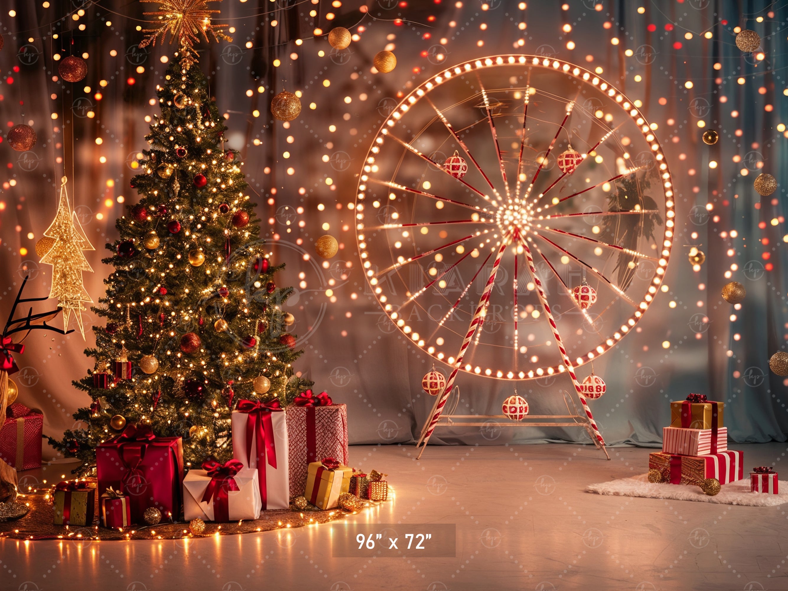 Festive Ferris Wheel & Christmas Tree Lights Backdrop