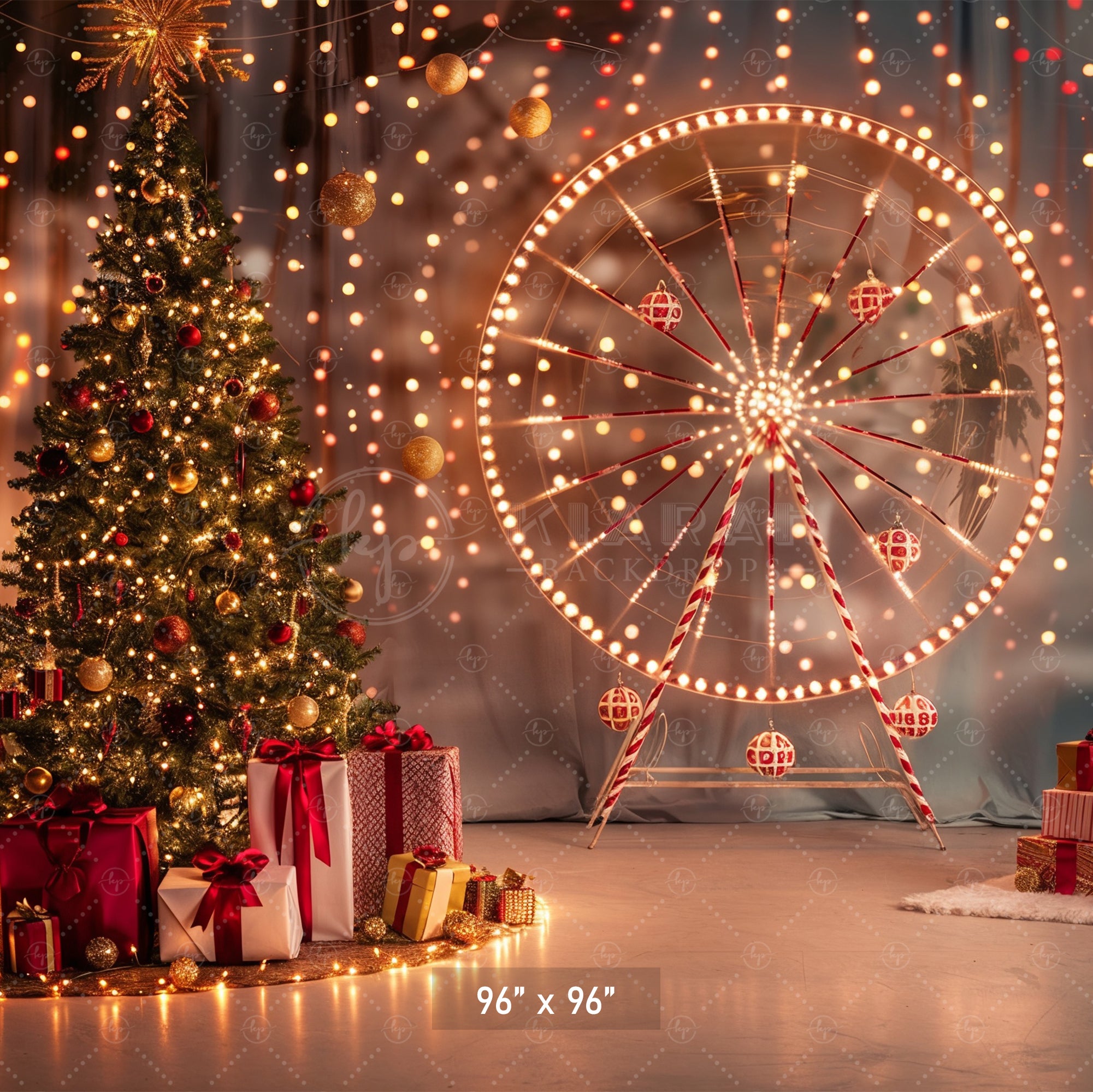 Festive Ferris Wheel & Christmas Tree Lights Backdrop