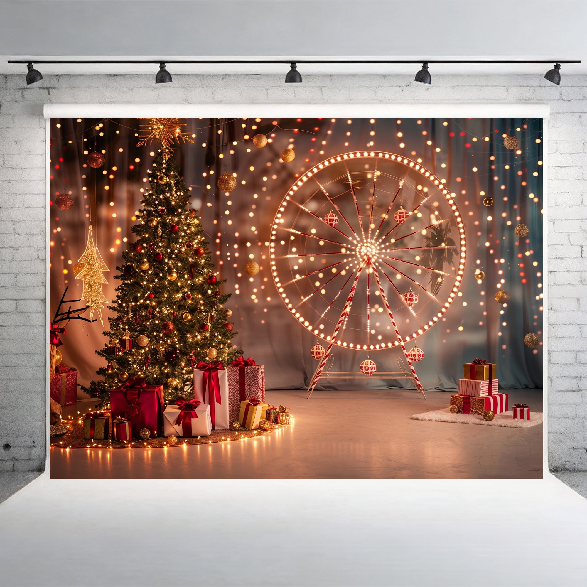 Festive Ferris Wheel & Christmas Tree Lights Backdrop