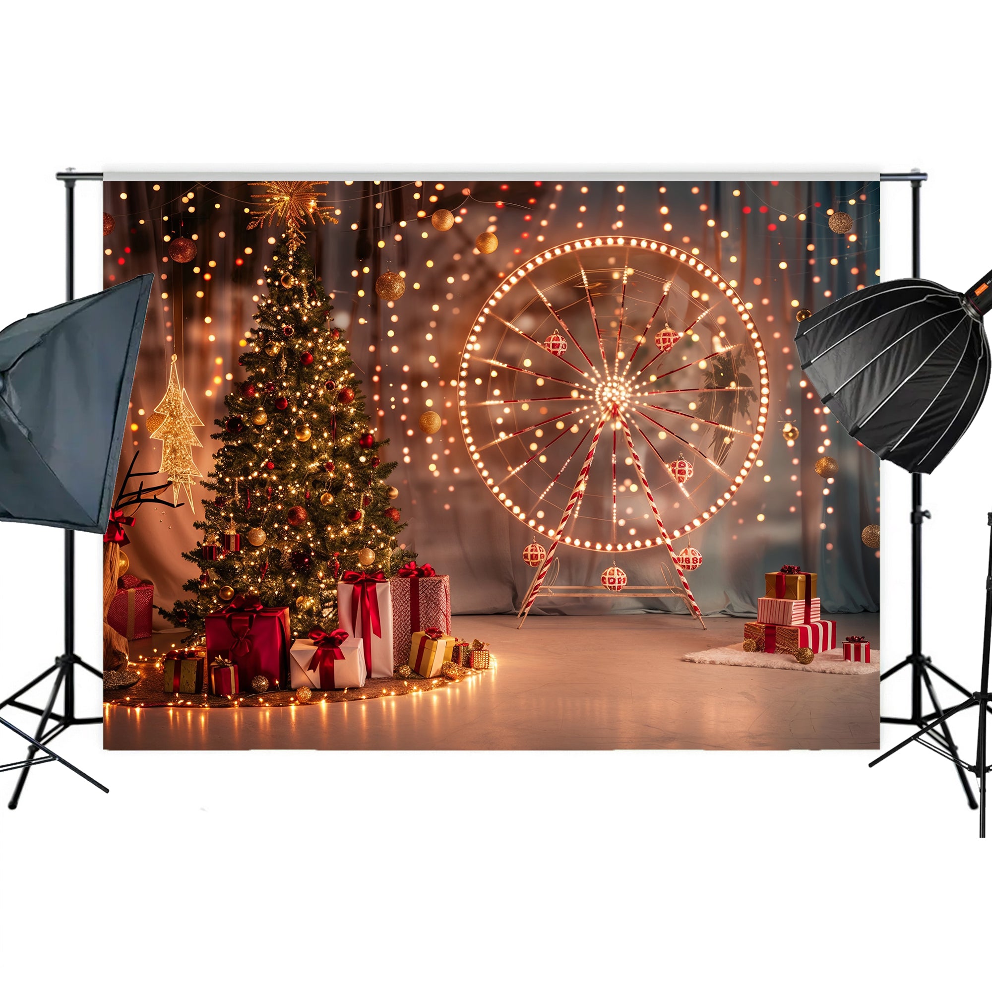 Festive Ferris Wheel & Christmas Tree Lights Backdrop