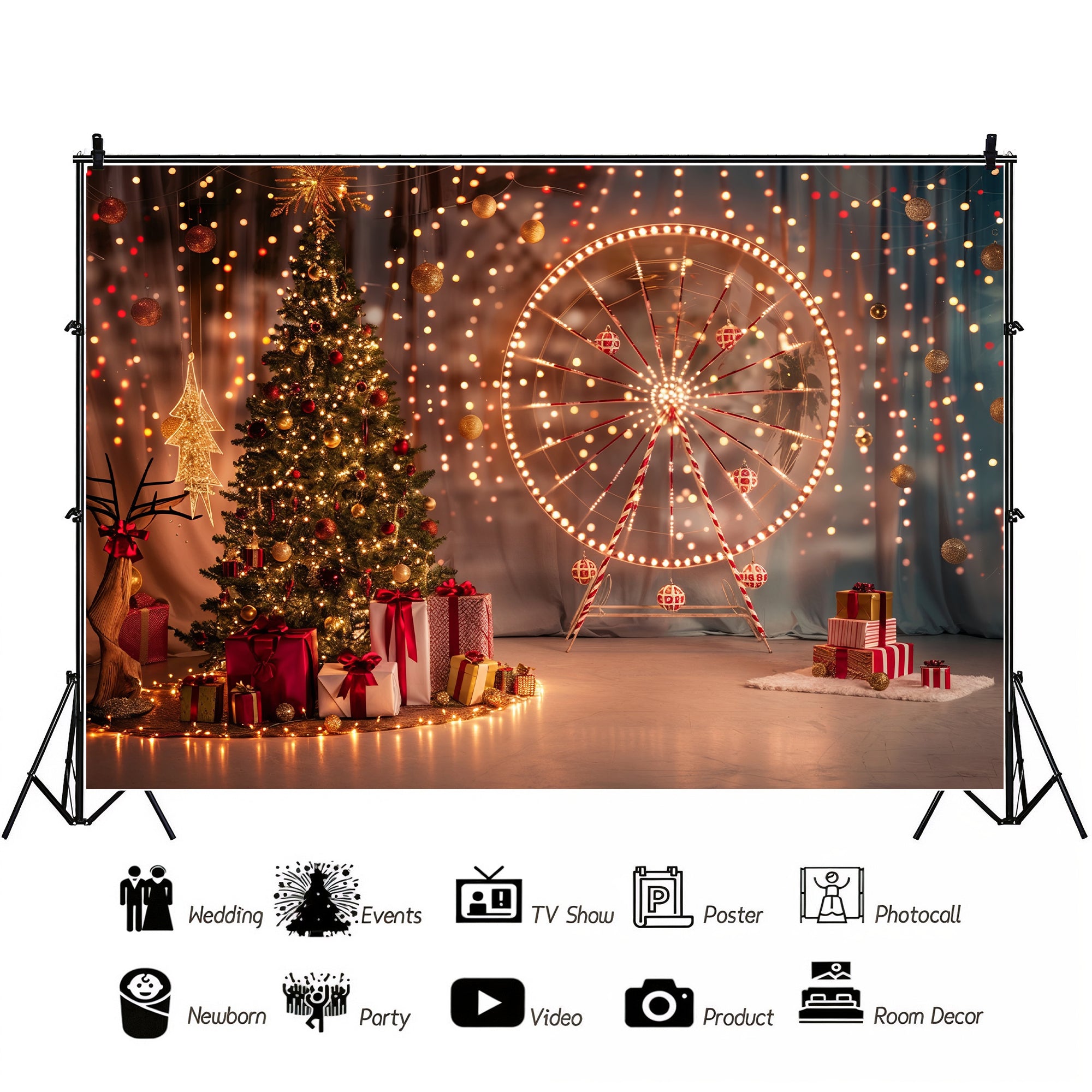Festive Ferris Wheel & Christmas Tree Lights Backdrop