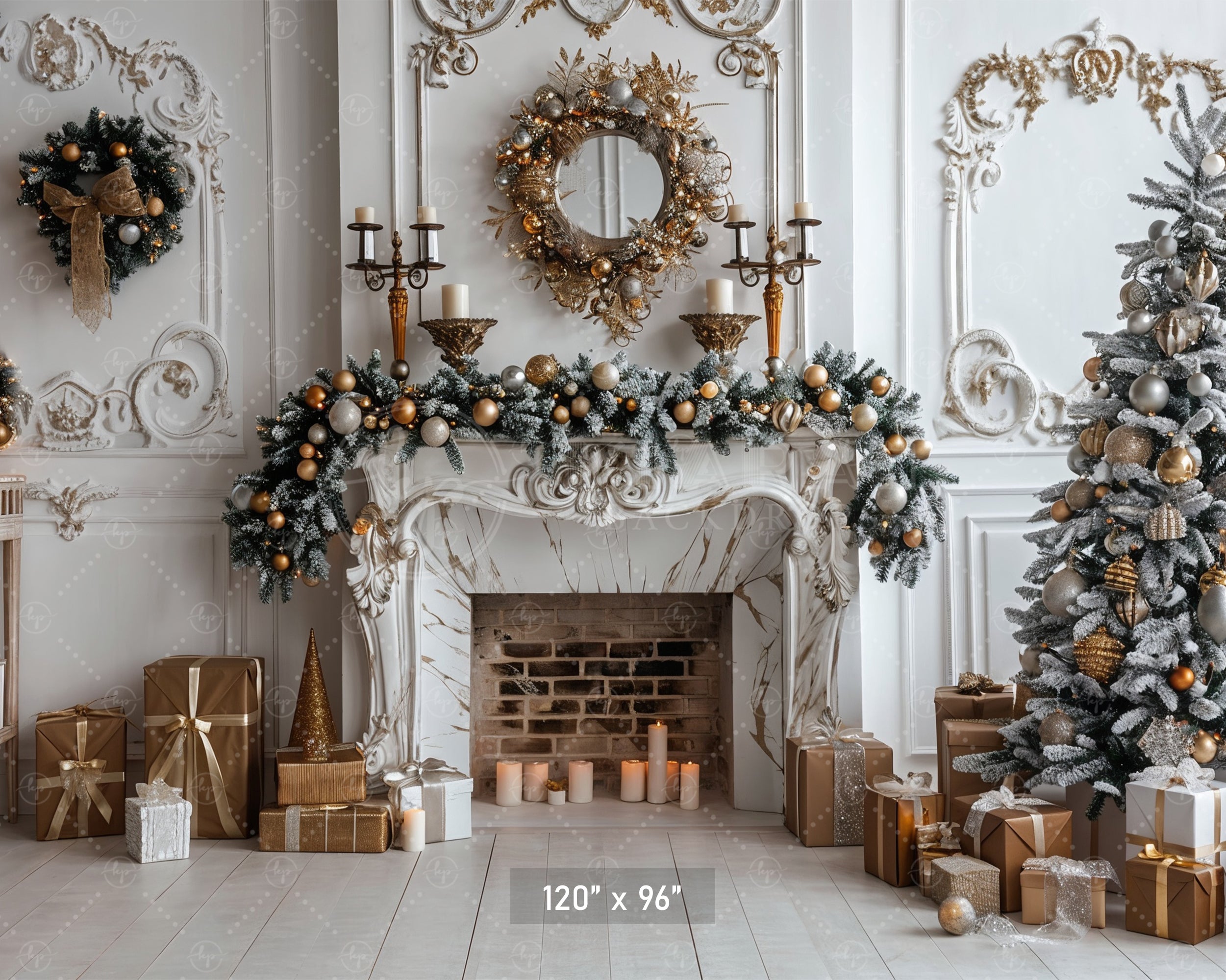 Elegant Christmas Fireplace & Gold Accents Backdrop