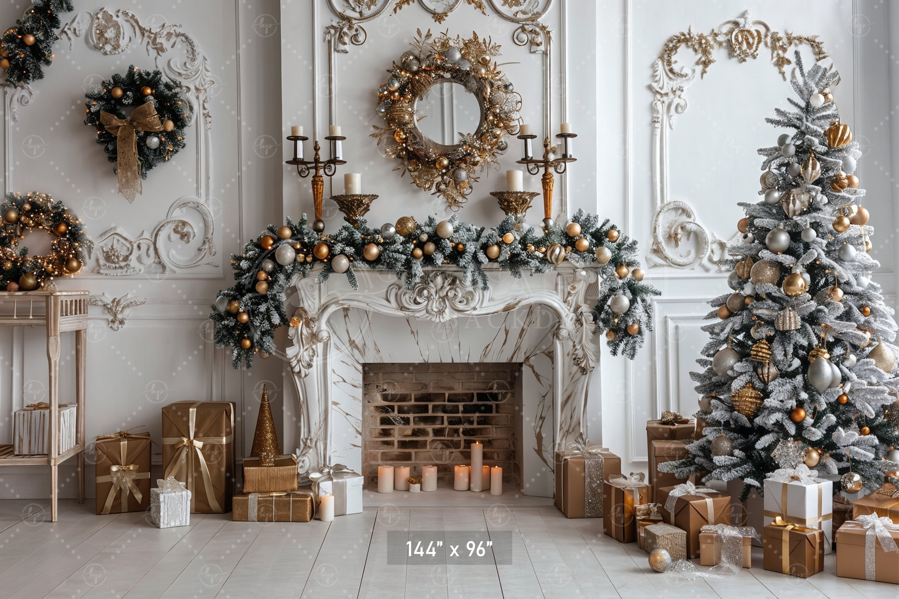 Elegant Christmas Fireplace & Gold Accents Backdrop