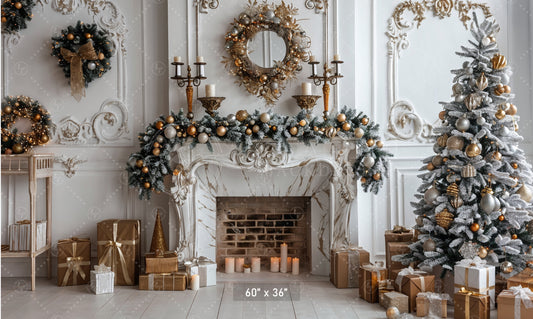 Elegant Christmas Fireplace & Gold Accents Backdrop