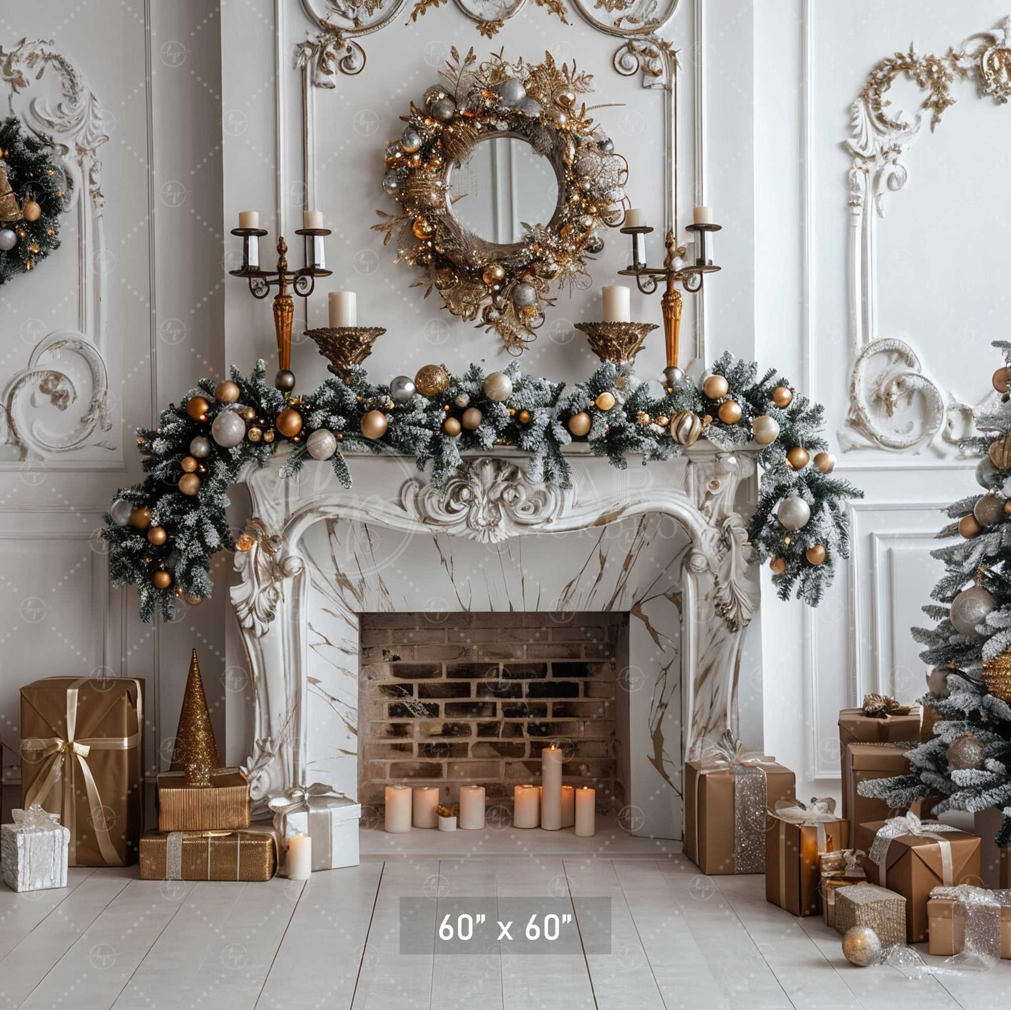 Elegant Christmas Fireplace & Gold Accents Backdrop