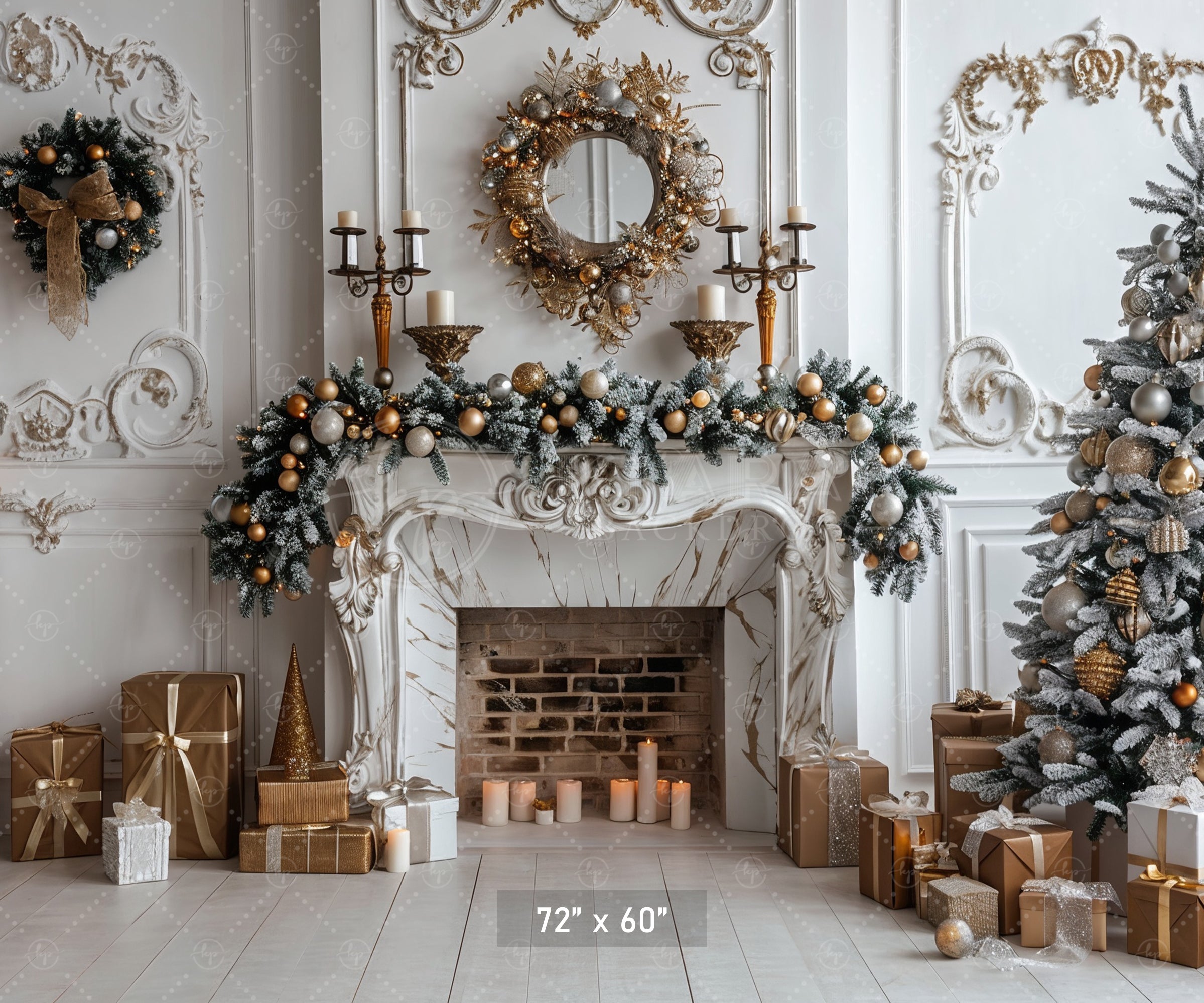 Elegant Christmas Fireplace & Gold Accents Backdrop