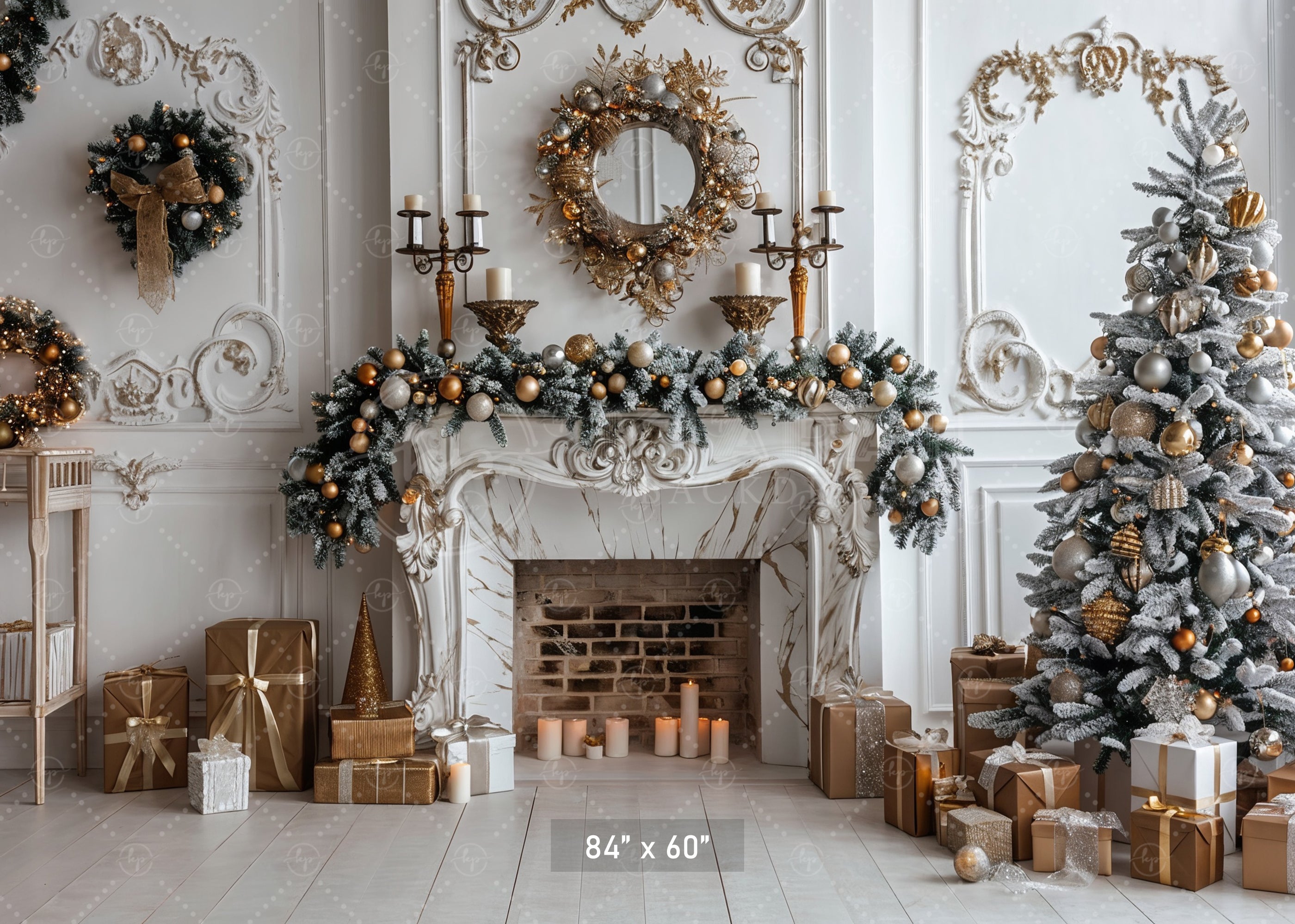 Elegant Christmas Fireplace & Gold Accents Backdrop