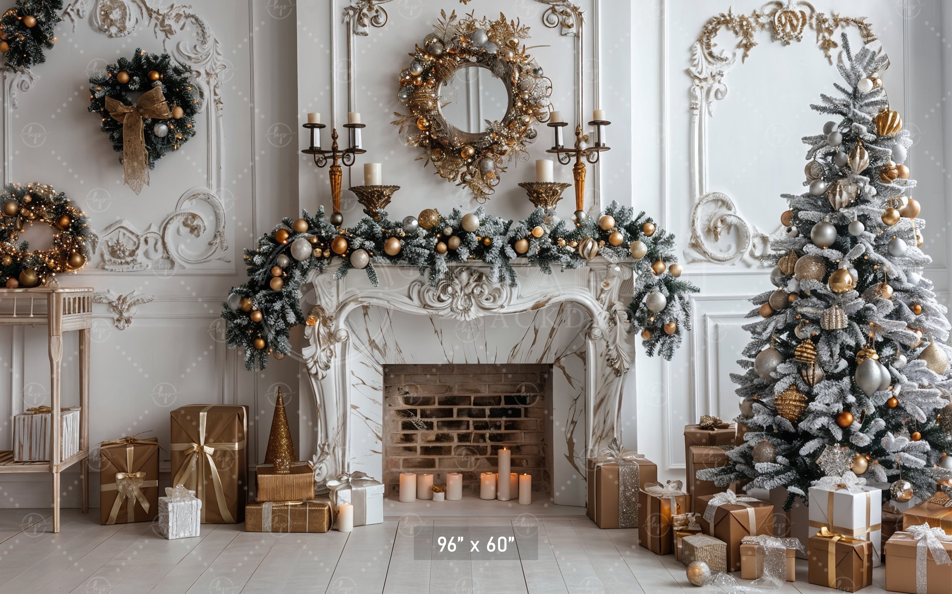 Elegant Christmas Fireplace & Gold Accents Backdrop