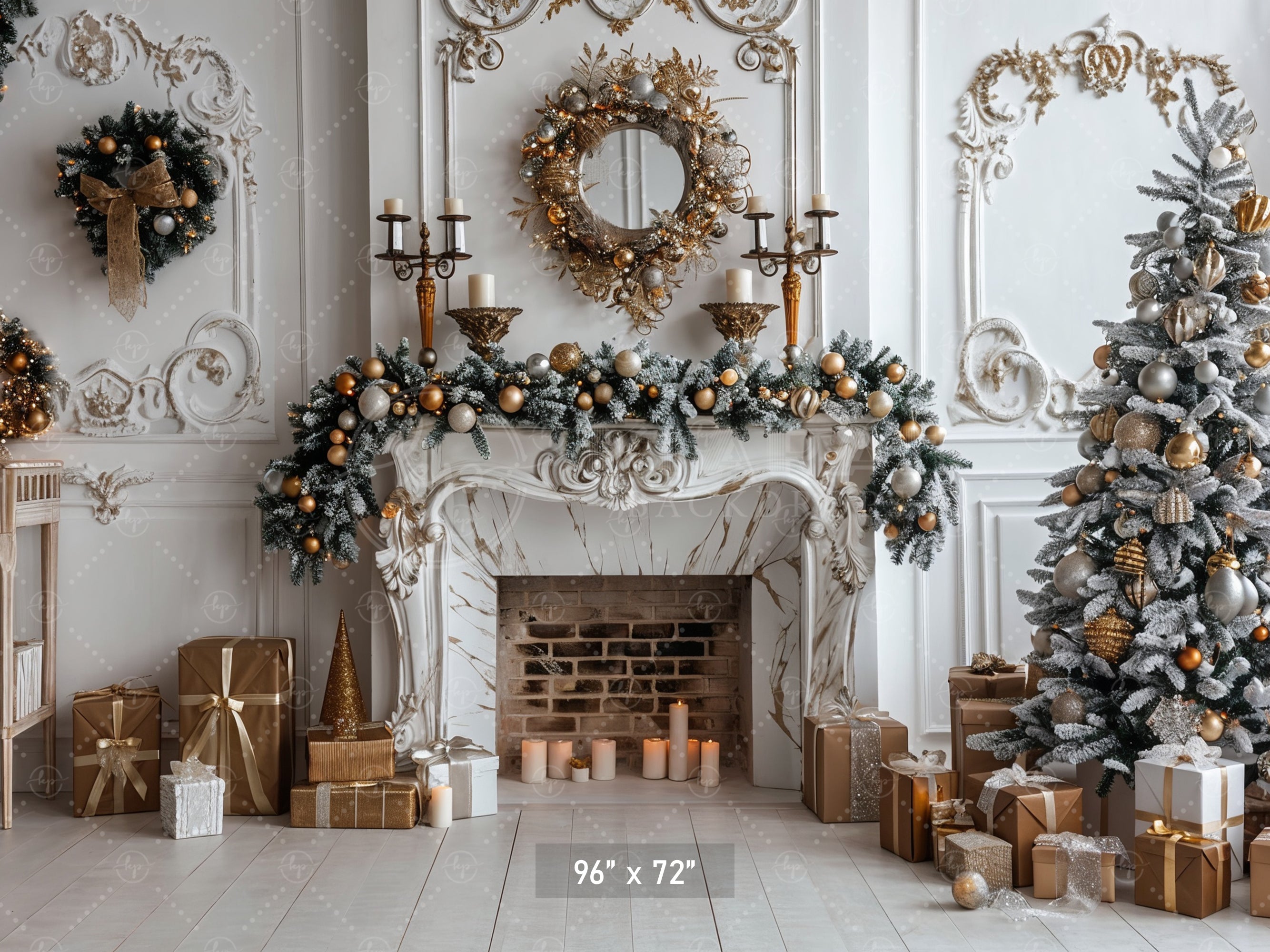Elegant Christmas Fireplace & Gold Accents Backdrop