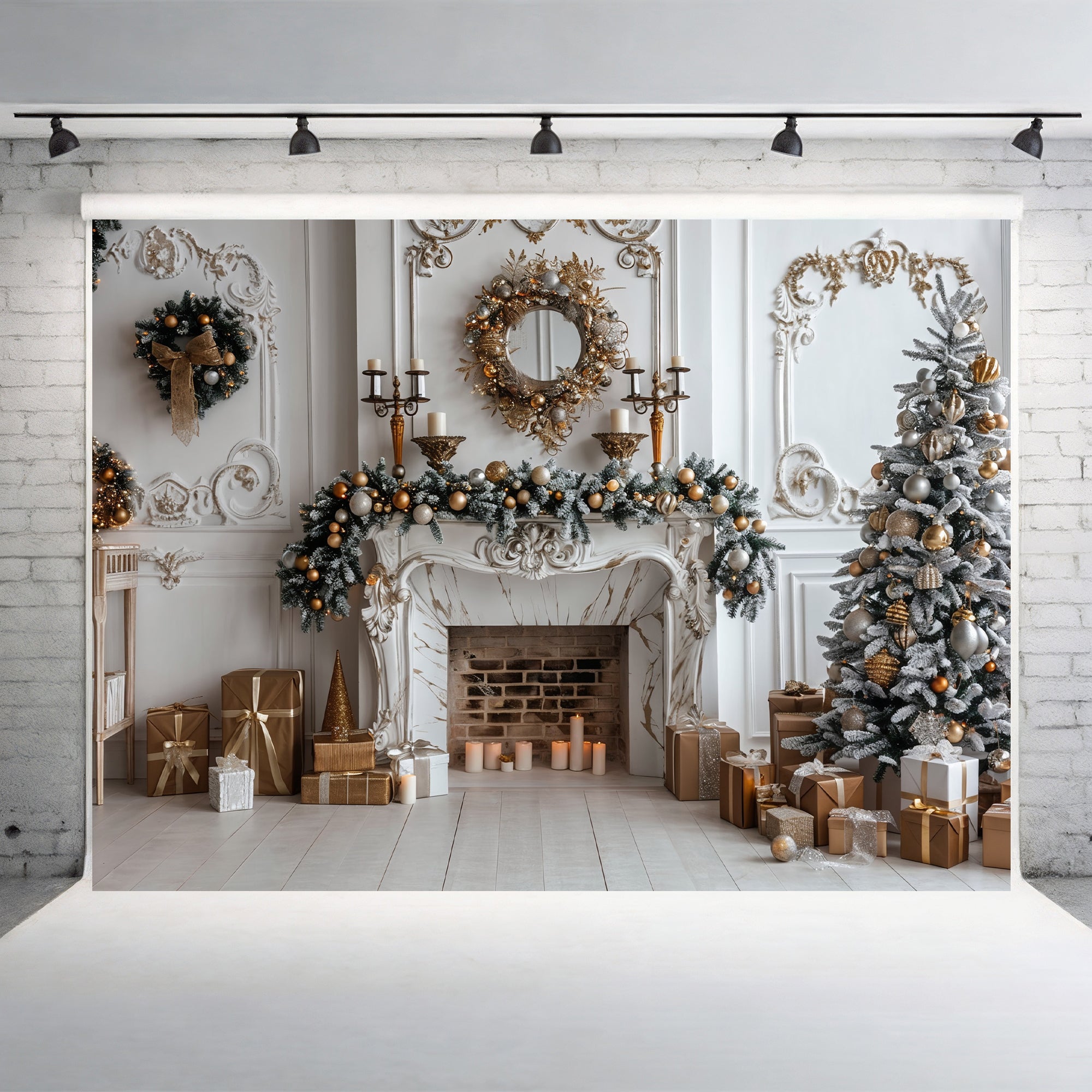 Elegant Christmas Fireplace & Gold Accents Backdrop