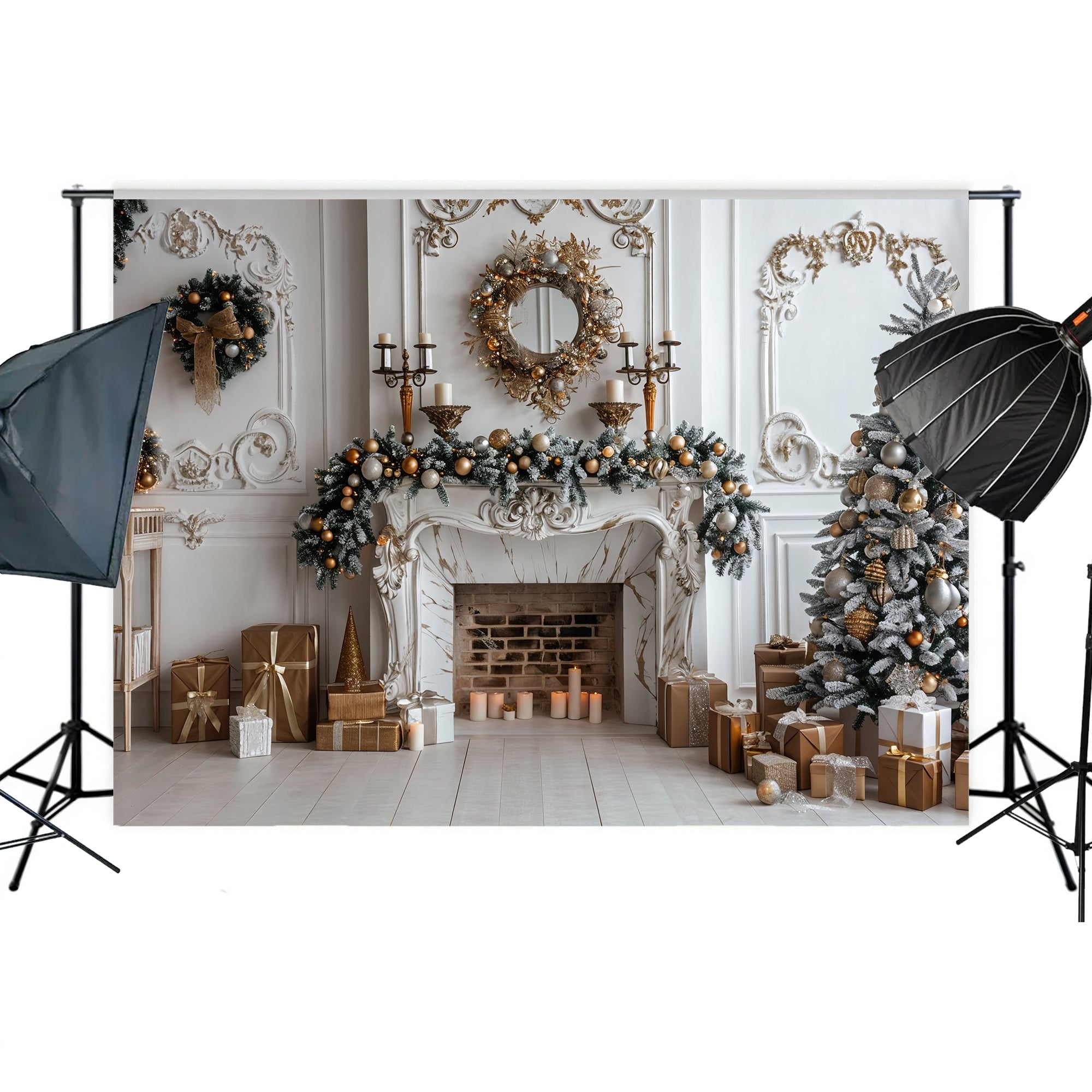 Elegant Christmas Fireplace & Gold Accents Backdrop
